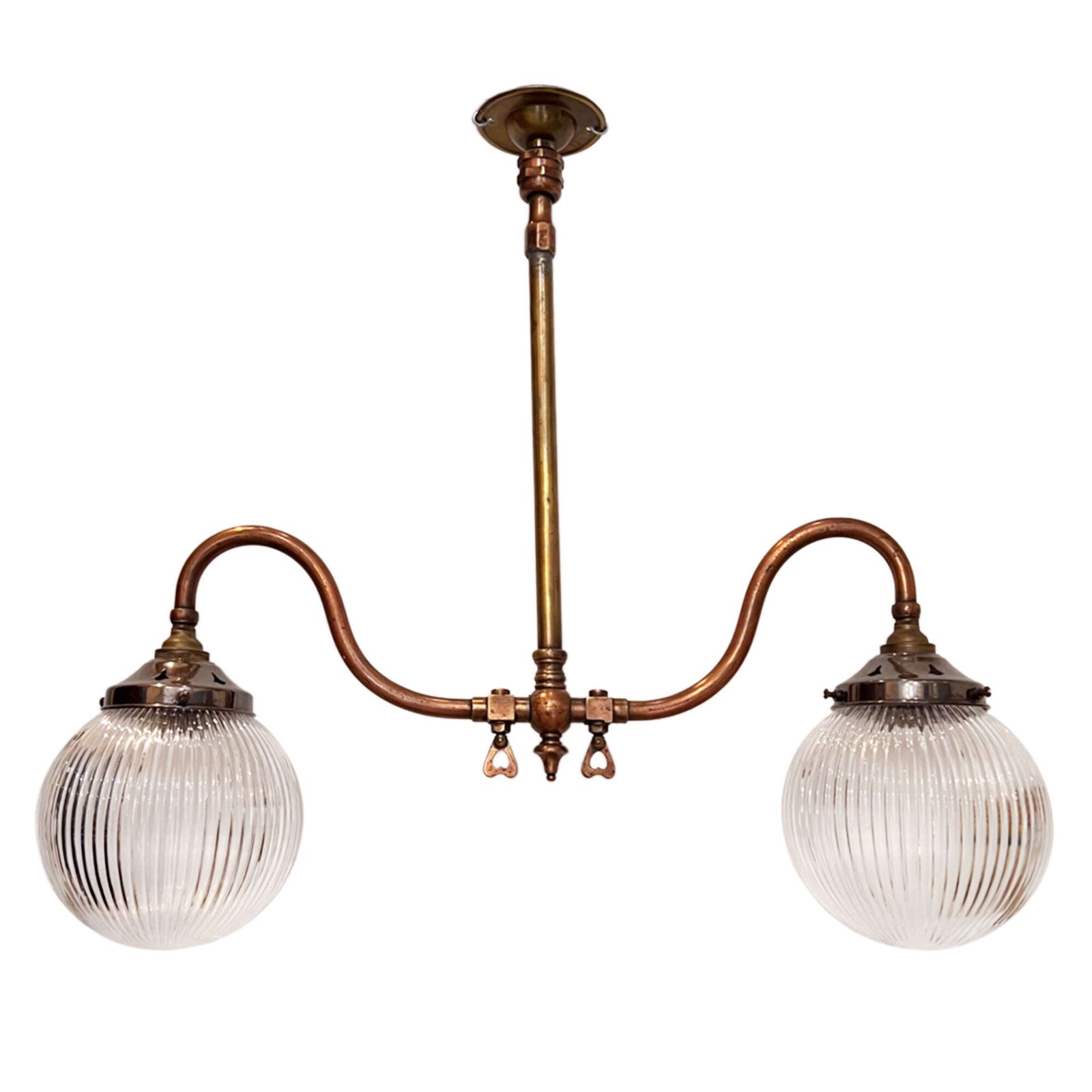 Pair Of 1930s British Hanging Lights With Ribbed Holophane Shades photo furniture