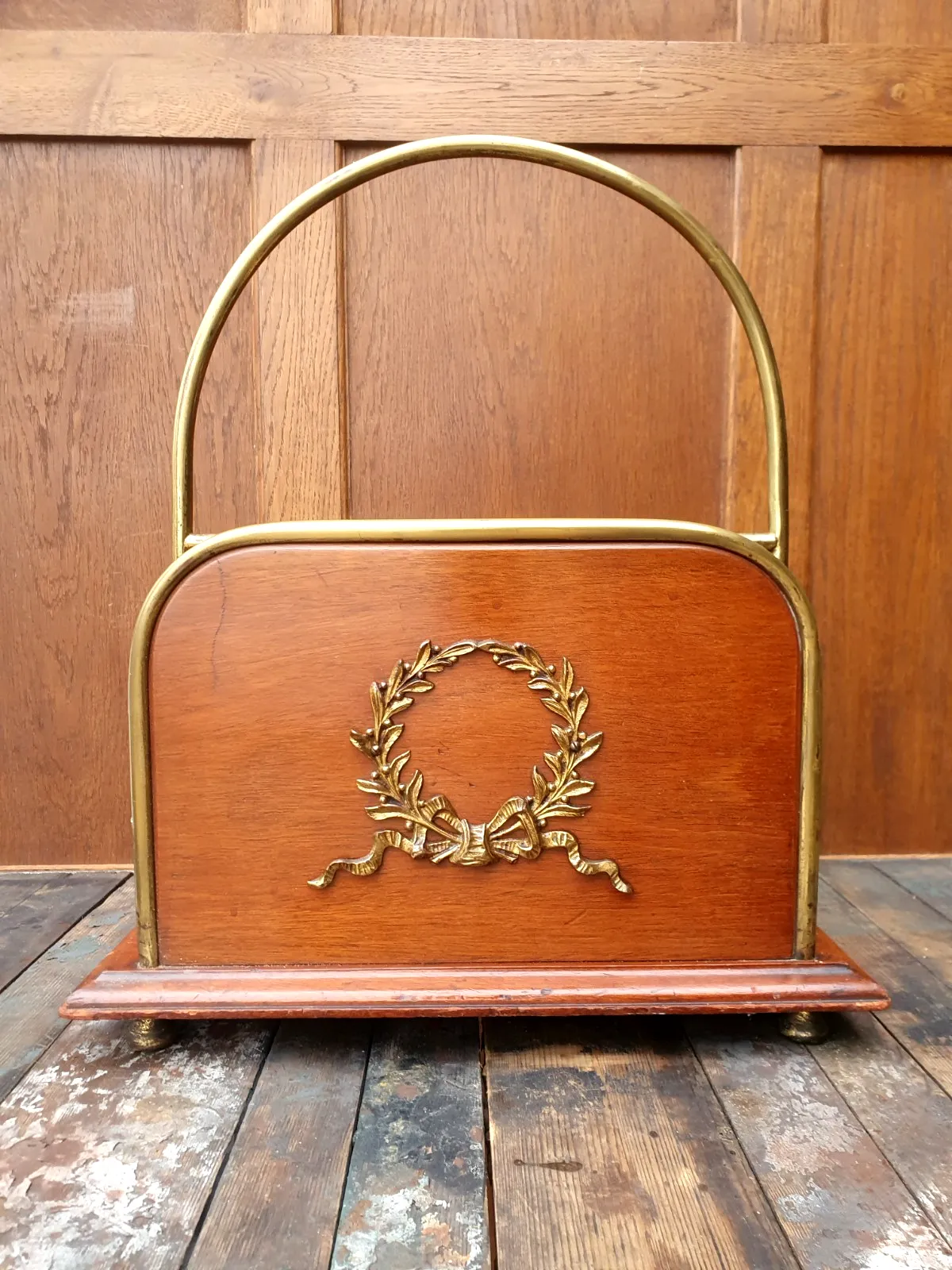 Antique Brass And Wood Paper / Magazine Rack photo furniture