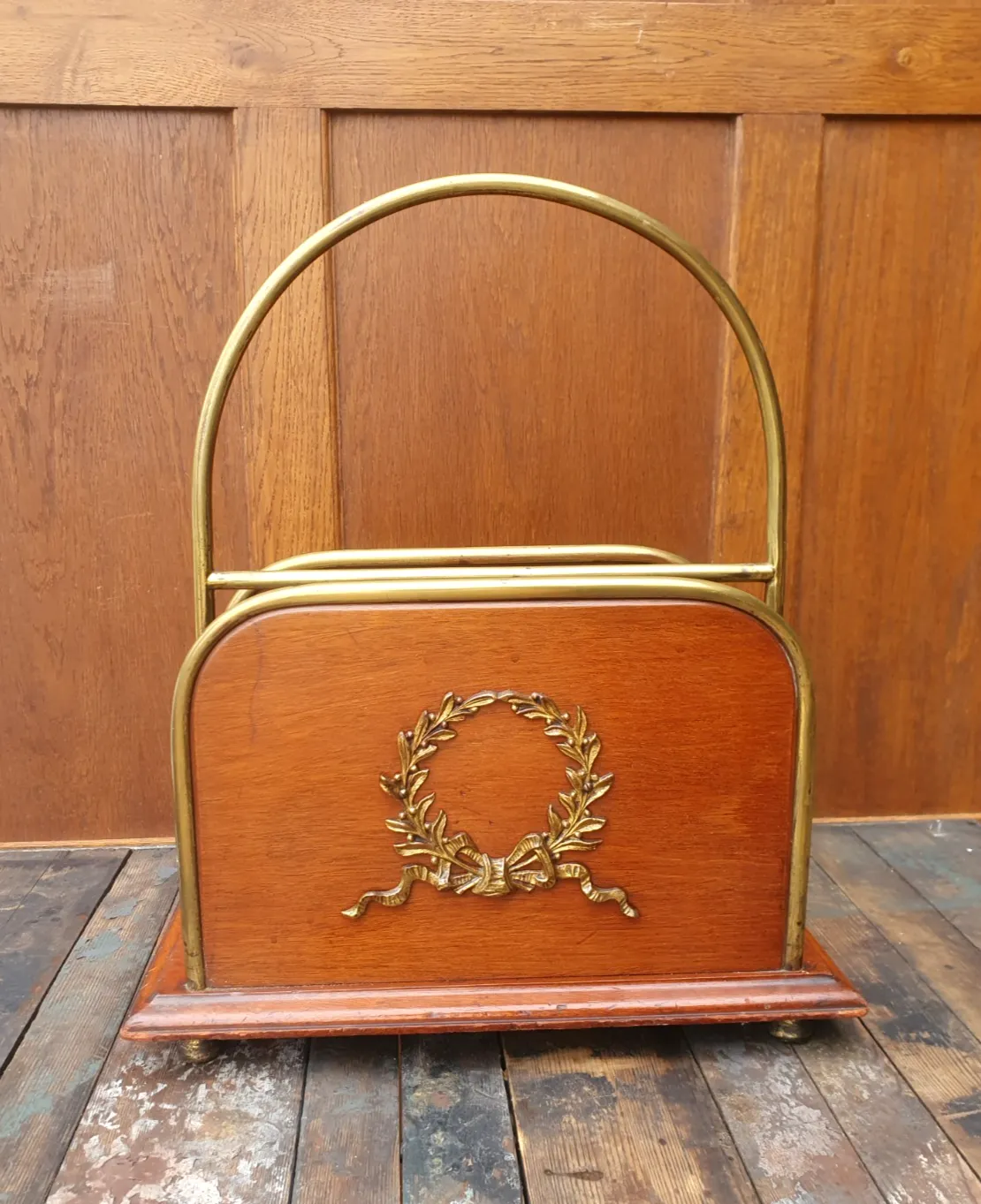Antique Brass And Wood Paper / Magazine Rack photo 110.0