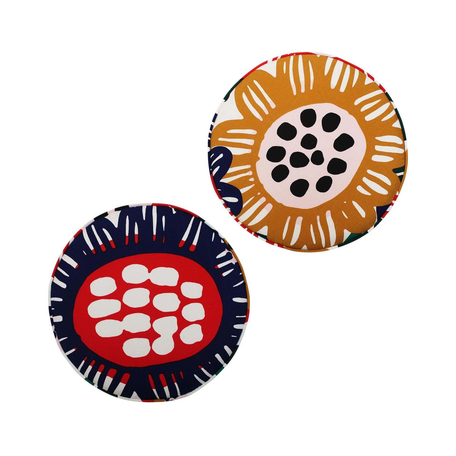 Pair Of Contemporary Italian Circular Poufs In Multicolored Fabric With Floral Motifs photo for sale