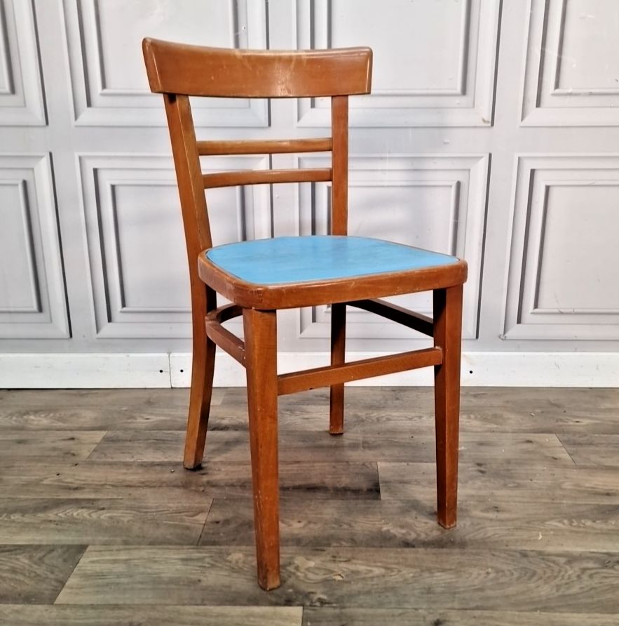 Vintage Bentwood Dining Chair Blue Vinyl Seat Retro Wood Kitchen Mid Century