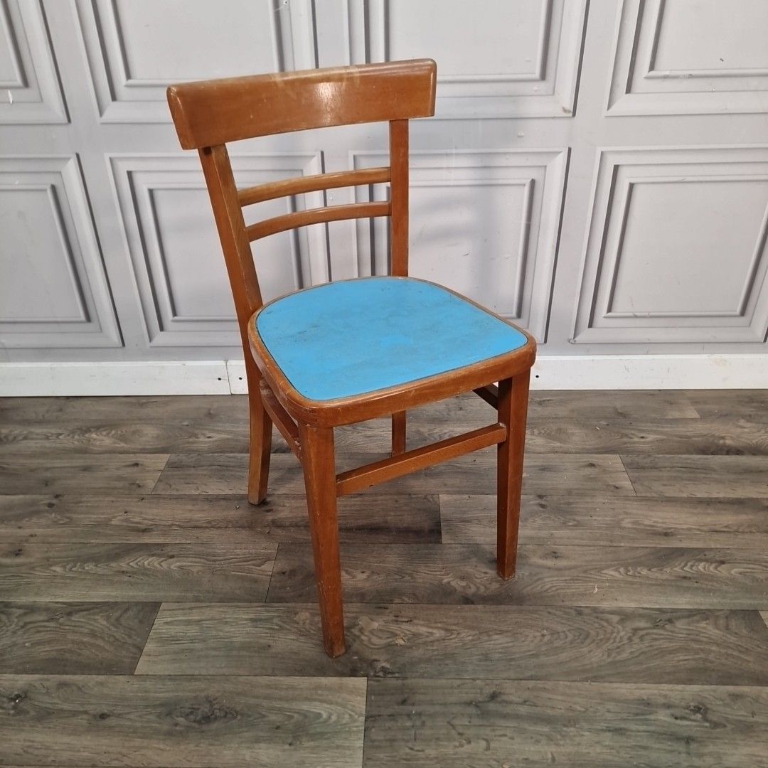 Vintage Bentwood Dining Chair Blue Vinyl Seat Retro Wood Kitchen Mid Century photo furniture