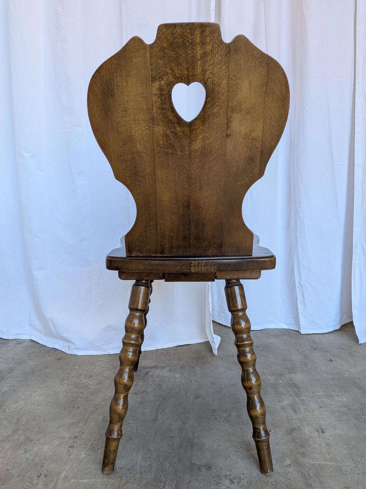 Vintage Tyrolean Heart Cutout Wooden Dining Chair / Dark Brown Wood / Bobbin Turned Legs photo for sale