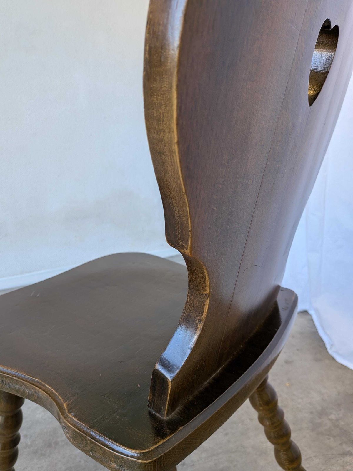 Vintage Tyrolean Heart Cutout Wooden Dining Chair / Dark Brown Wood / Bobbin Turned Legs photo buy