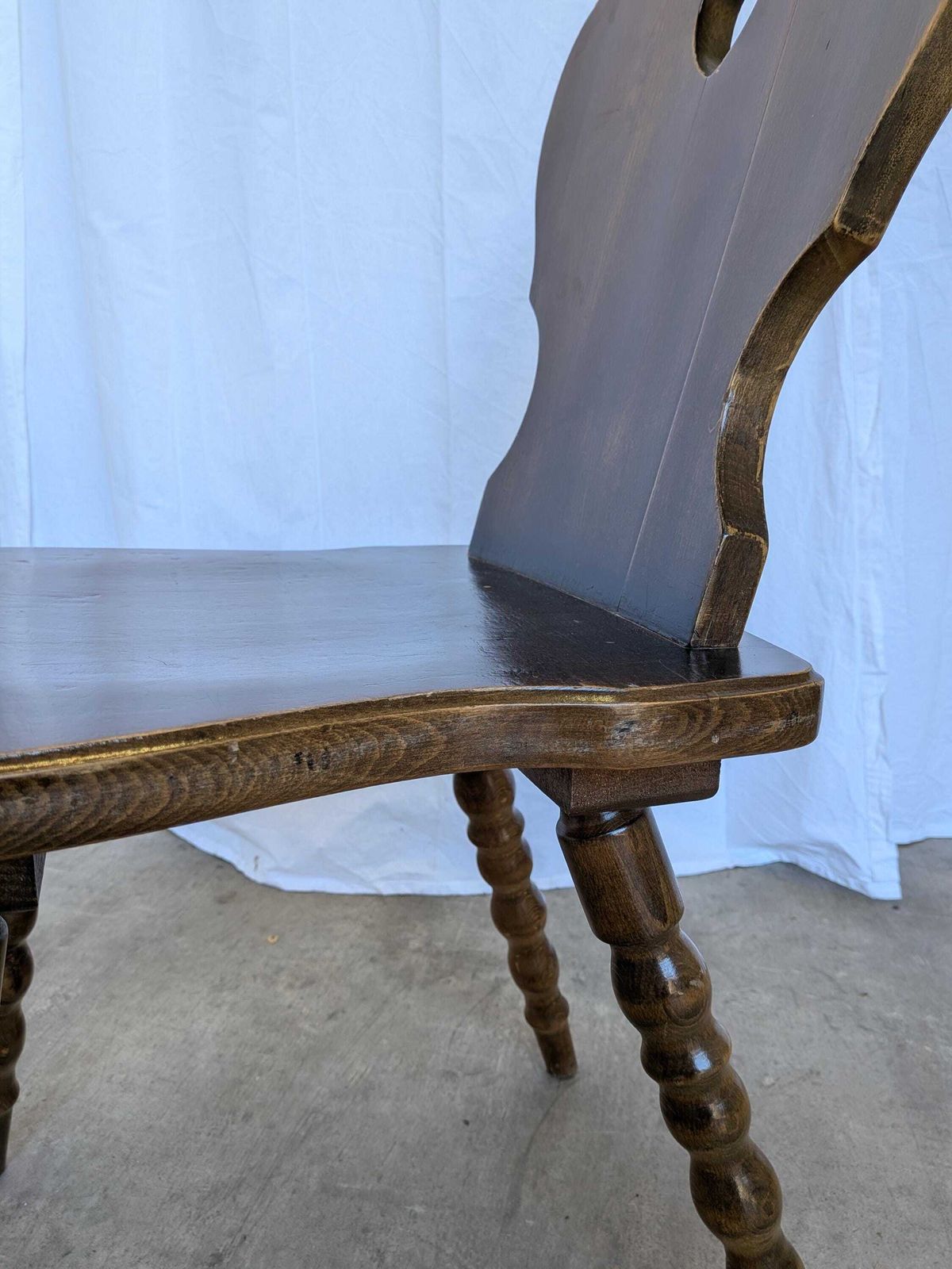 photo buy Vintage Tyrolean Heart Cutout Wooden Dining Chair / Dark Brown Wood / Bobbin Turned Legs