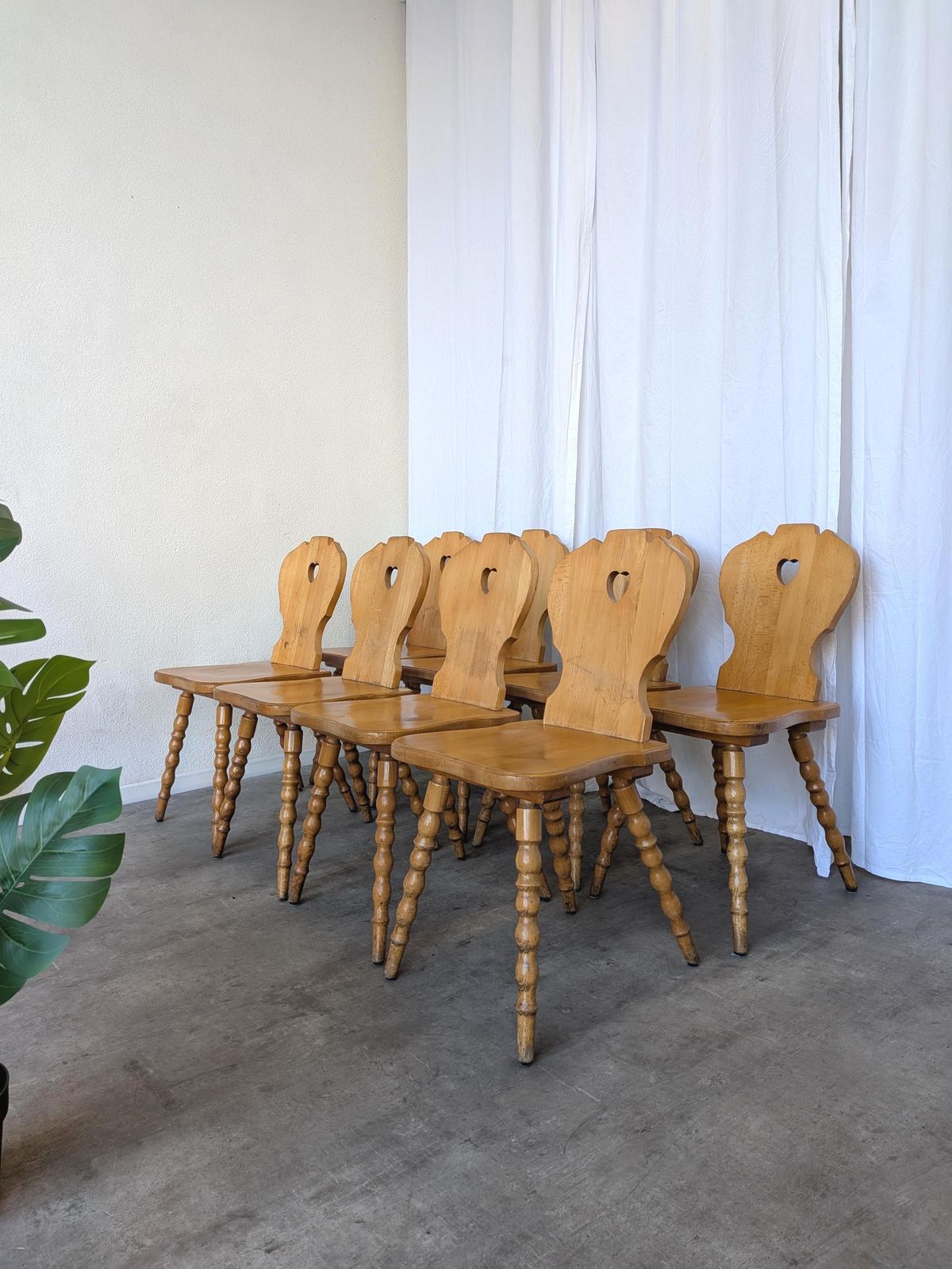 Set Of 8 Vintage Tyrolean Heart Cutout Wooden Dining Chairs, Rustic Farmhouse Style