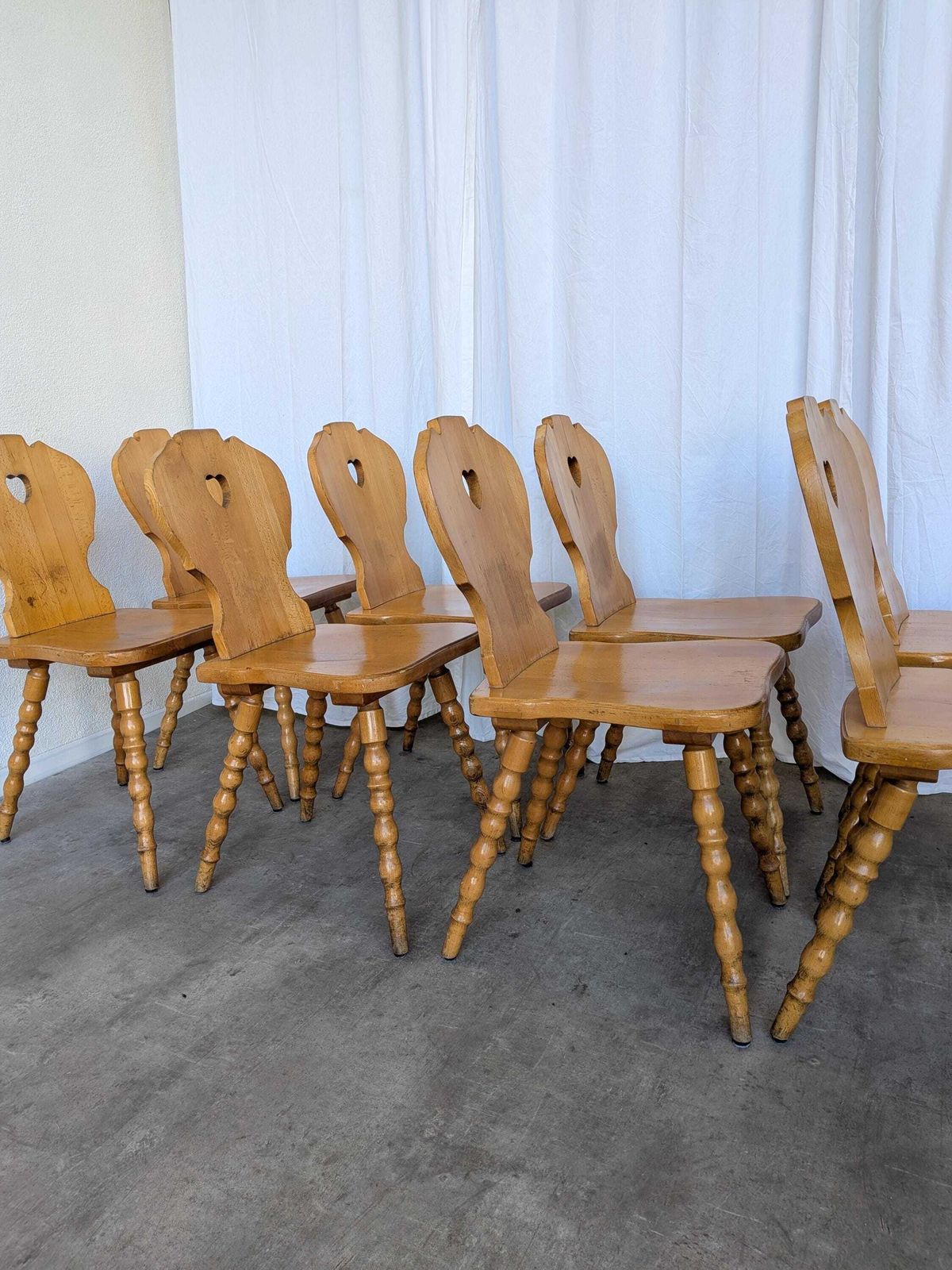 Set Of 8 Vintage Tyrolean Heart Cutout Wooden Dining Chairs, Rustic Farmhouse Style photo Furniture