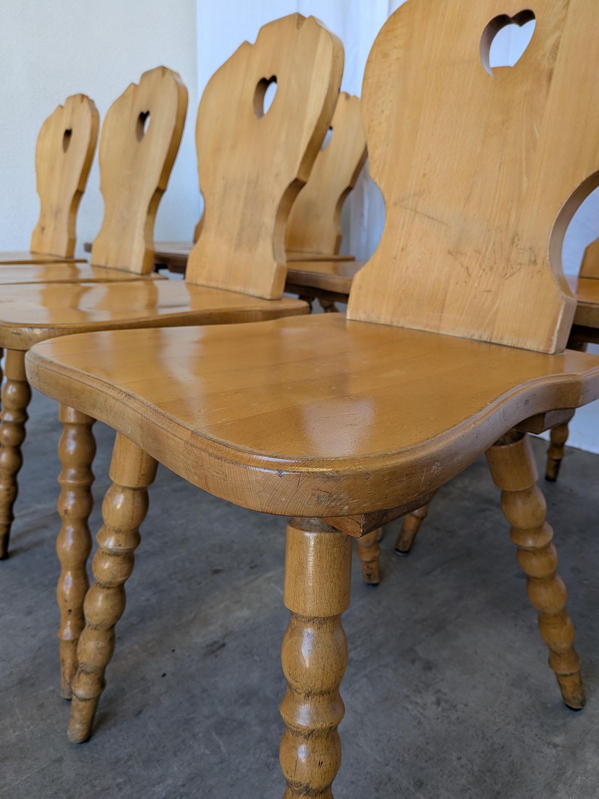 Set Of 8 Vintage Tyrolean Heart Cutout Wooden Dining Chairs, Rustic Farmhouse Style photo buy