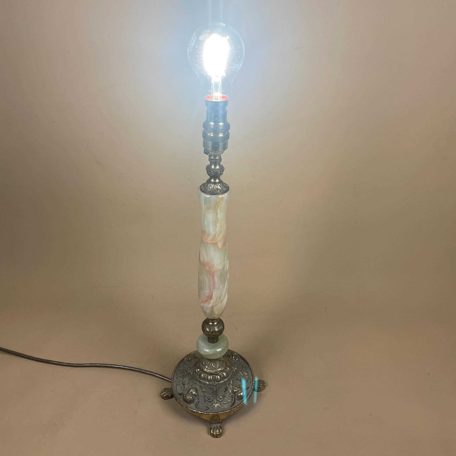 photo for sale Marble Stone Lamp Green Light Table Bedside Light Natural Patterns Ornate Round Base Onyx Brass Metal Gold Antique Vintage Claw Feet Large