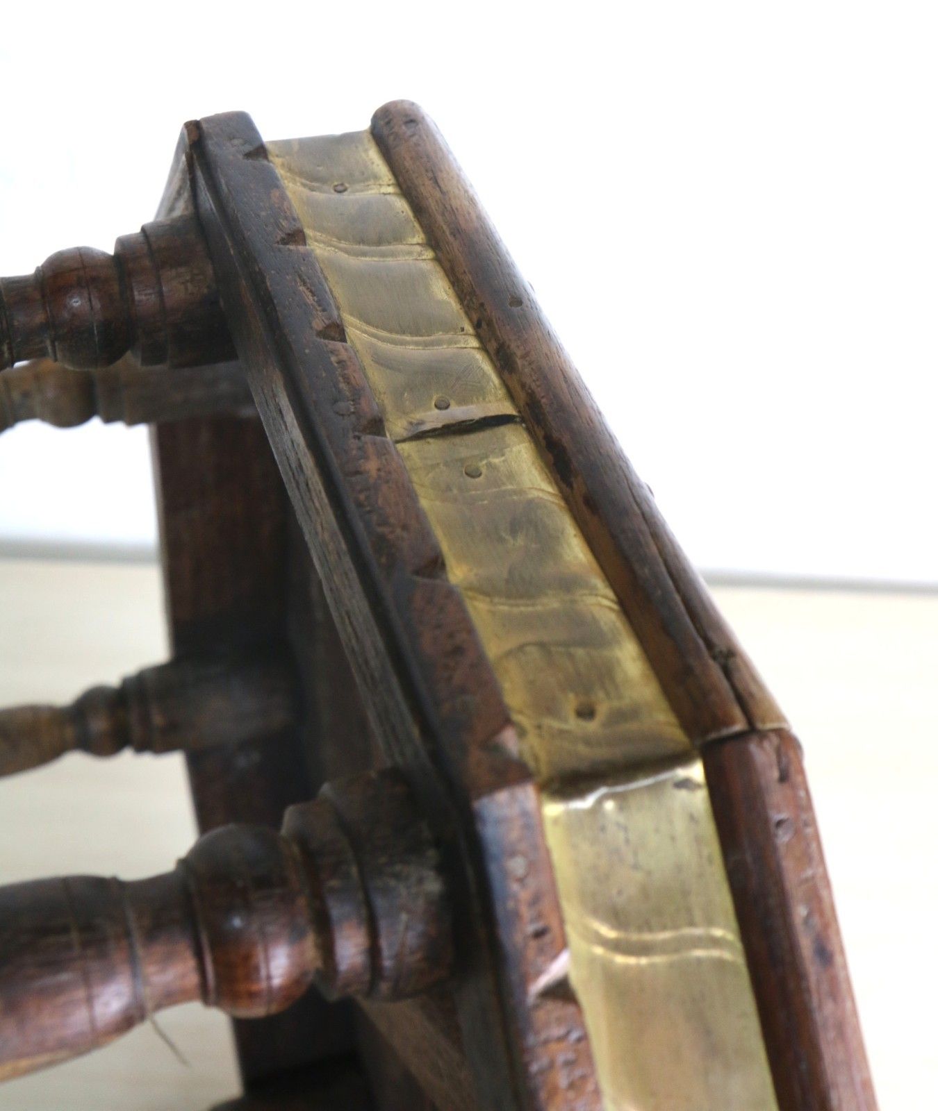 photo for sale Vintage Indian Wooden Low Table Chowki Table 20th Century Brass & Steel Accents