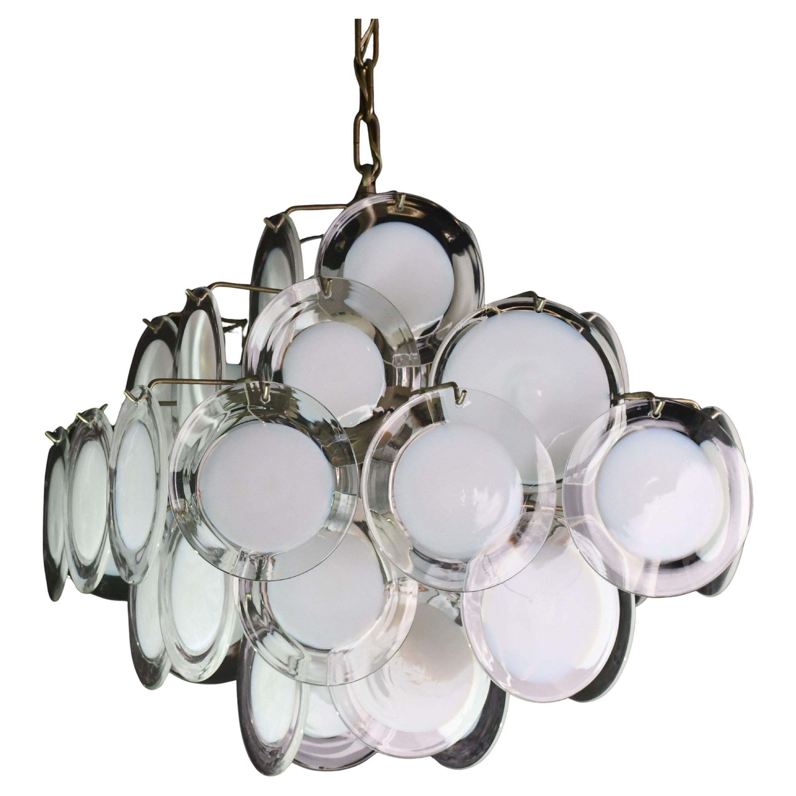 Large 36 Murano Glass White Disch Chandelier By Vistosi, 1970s