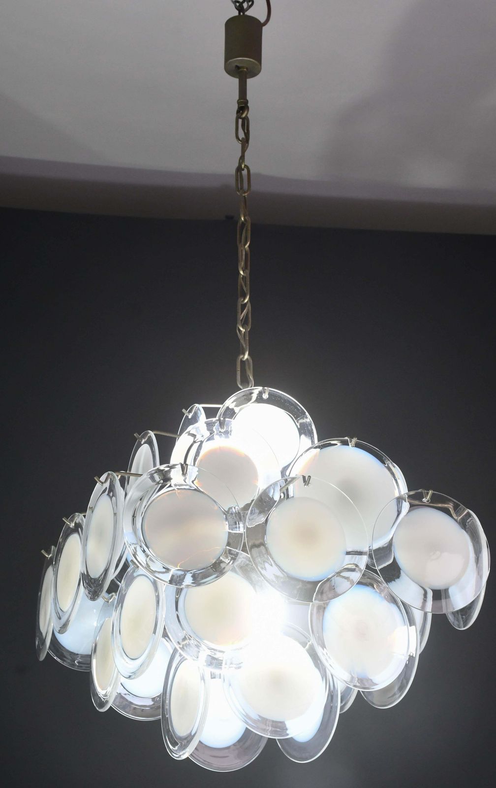 Large 36 Murano Glass White Disch Chandelier By Vistosi, 1970s photo for sale