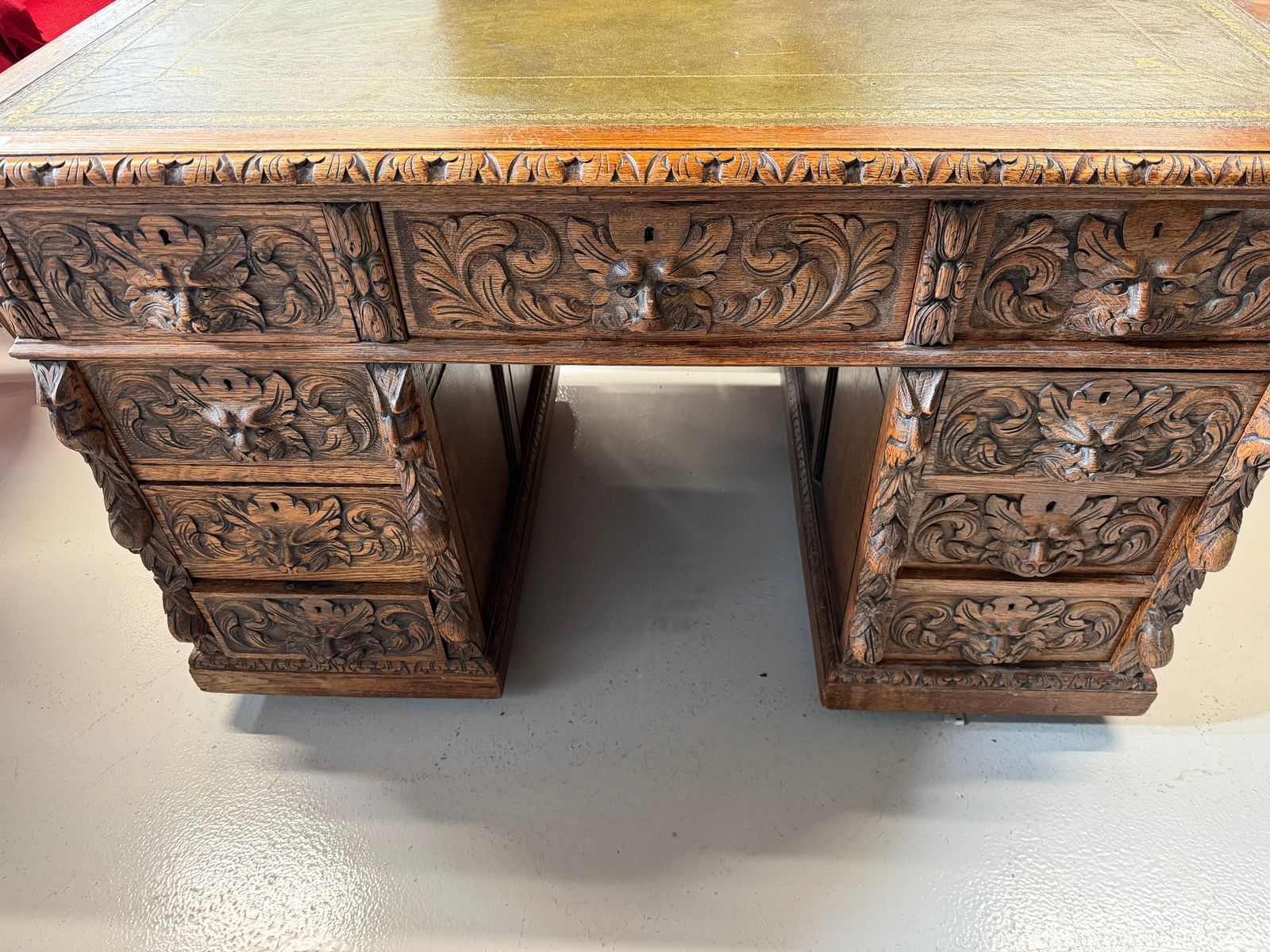 Antique Carved Oak Desk With Lion Handles photo for sale