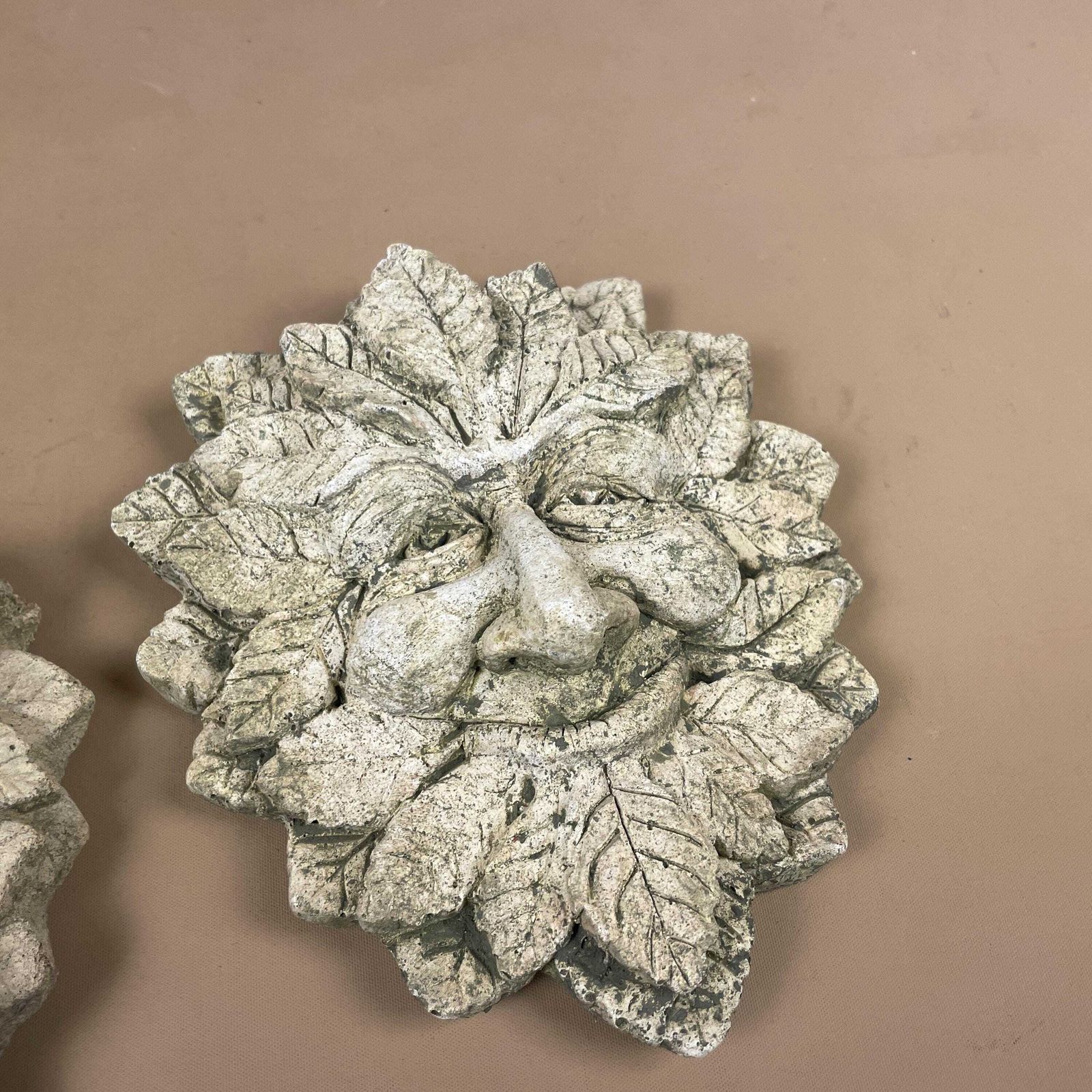 Two Weathered Garden Concrete Handmade Antique Face Tree Man Acorn Leaves Ornament Wall Art Statue Sculpture Rustic Vintage Heavy Outdoor photo 75.0