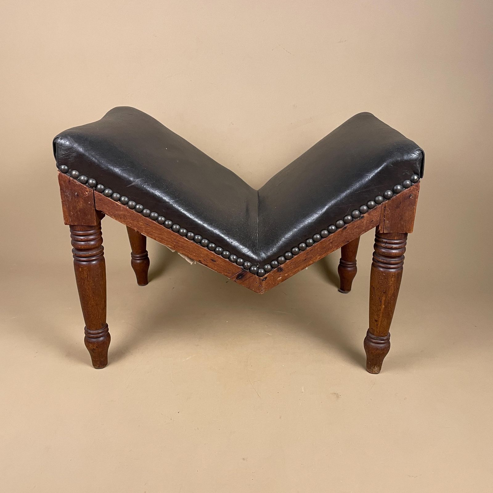 Victorian Gout Stool Foot Stool Wood Legs Footstool Faux Leather V Shape Metal Studs Vintage Furniture Rectangle 34x46x30cm Wooden Antique