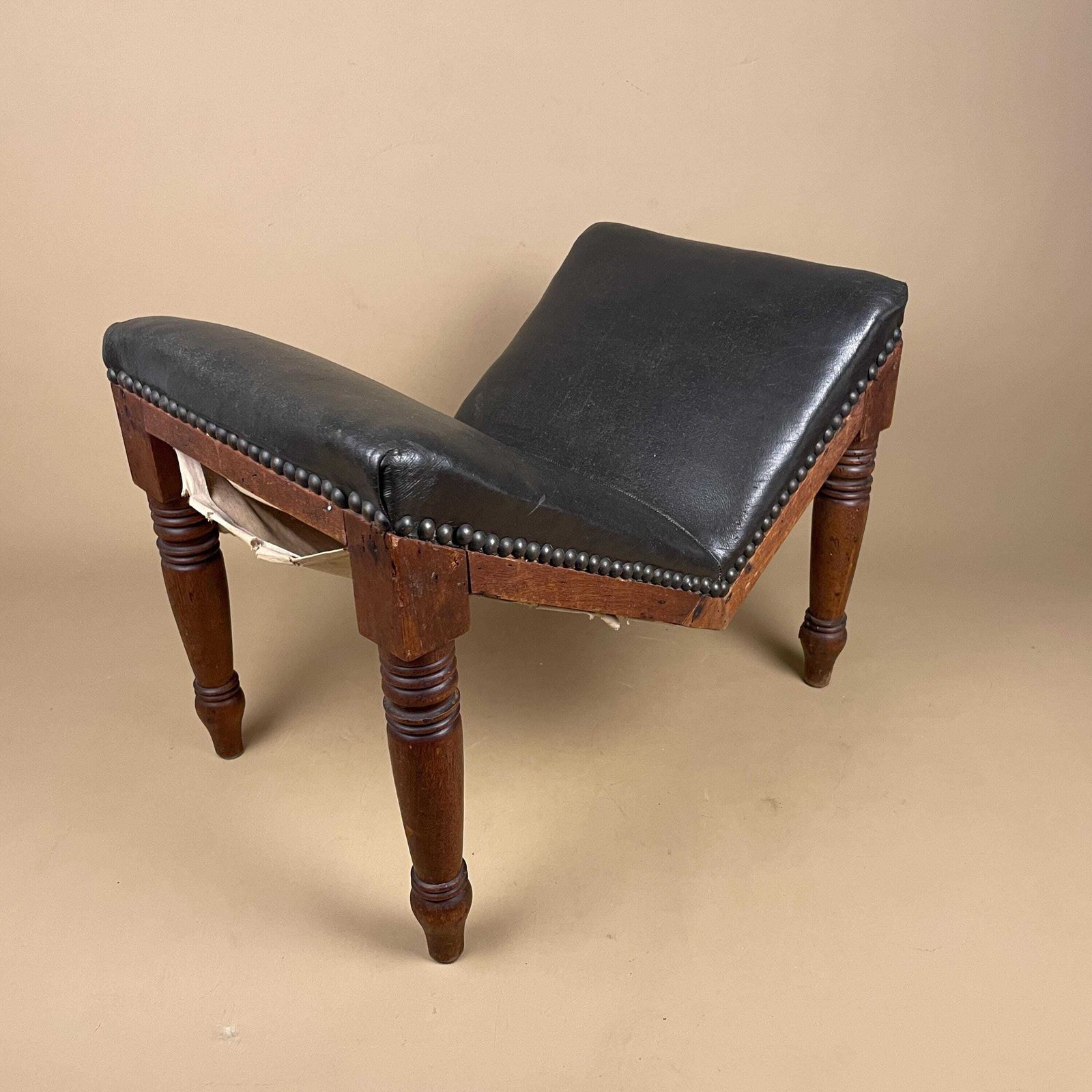 Victorian Gout Stool Foot Stool Wood Legs Footstool Faux Leather V Shape Metal Studs Vintage Furniture Rectangle 34x46x30cm Wooden Antique photo furniture