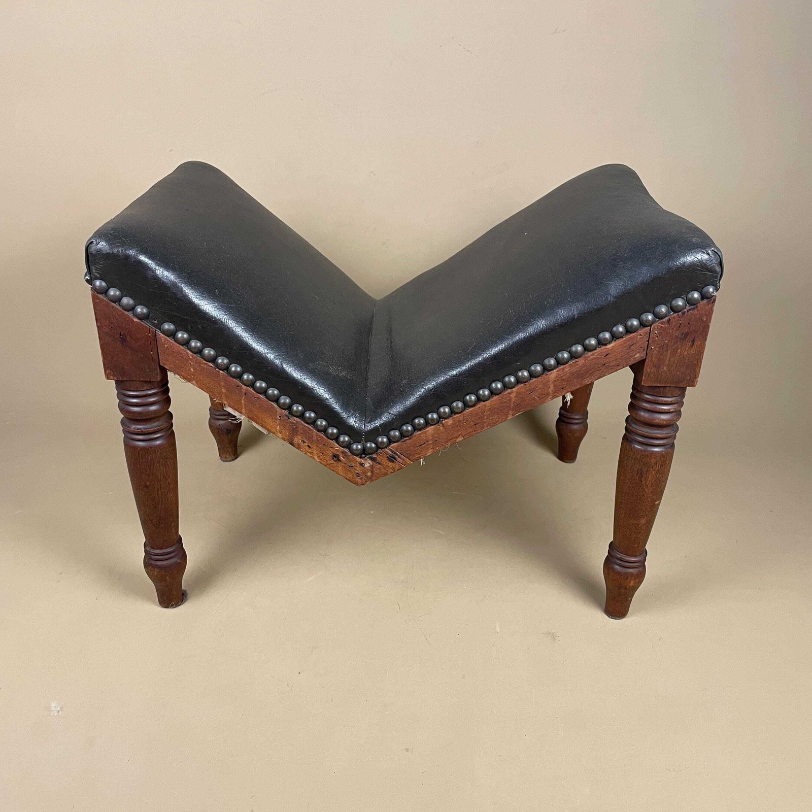 89.0 Victorian Gout Stool Foot Stool Wood Legs Footstool Faux Leather V Shape Metal Studs Vintage Furniture Rectangle 34x46x30cm Wooden Antique photo