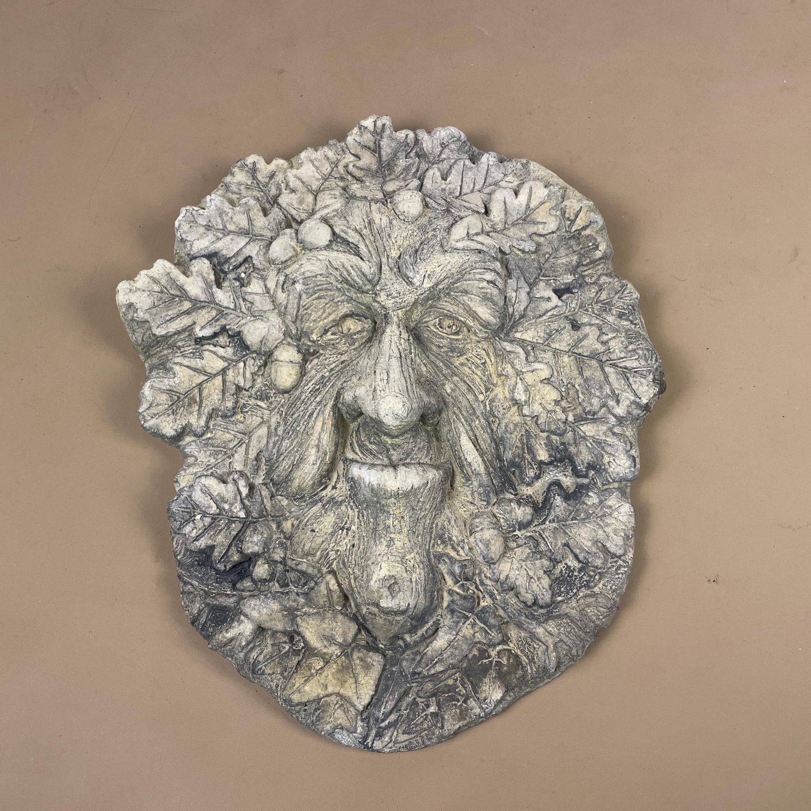 Weathered Garden Concrete Handmade Antique Face Tree Man Acorn Leaves Ornament Wall Art Statue Sculpture Rustic Vintage Heavy Outdoor