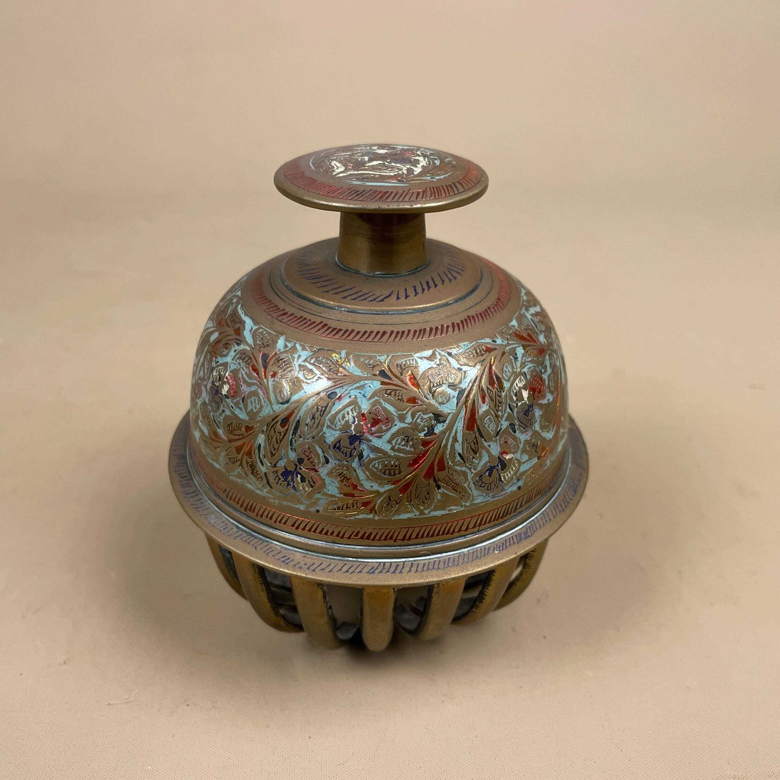 Vintage Indian Brass Gold Temple Bell Bidri Style Hand Engraved Mughal Design Ornate Bell Mid Century Decorative Collectible Enamel Metal