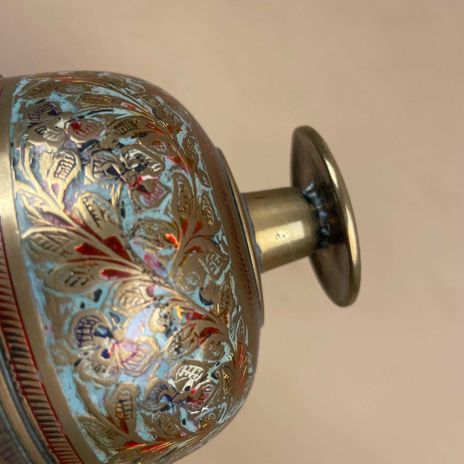 Vintage Indian Brass Gold Temple Bell Bidri Style Hand Engraved Mughal Design Ornate Bell Mid Century Decorative Collectible Enamel Metal photo 79.0