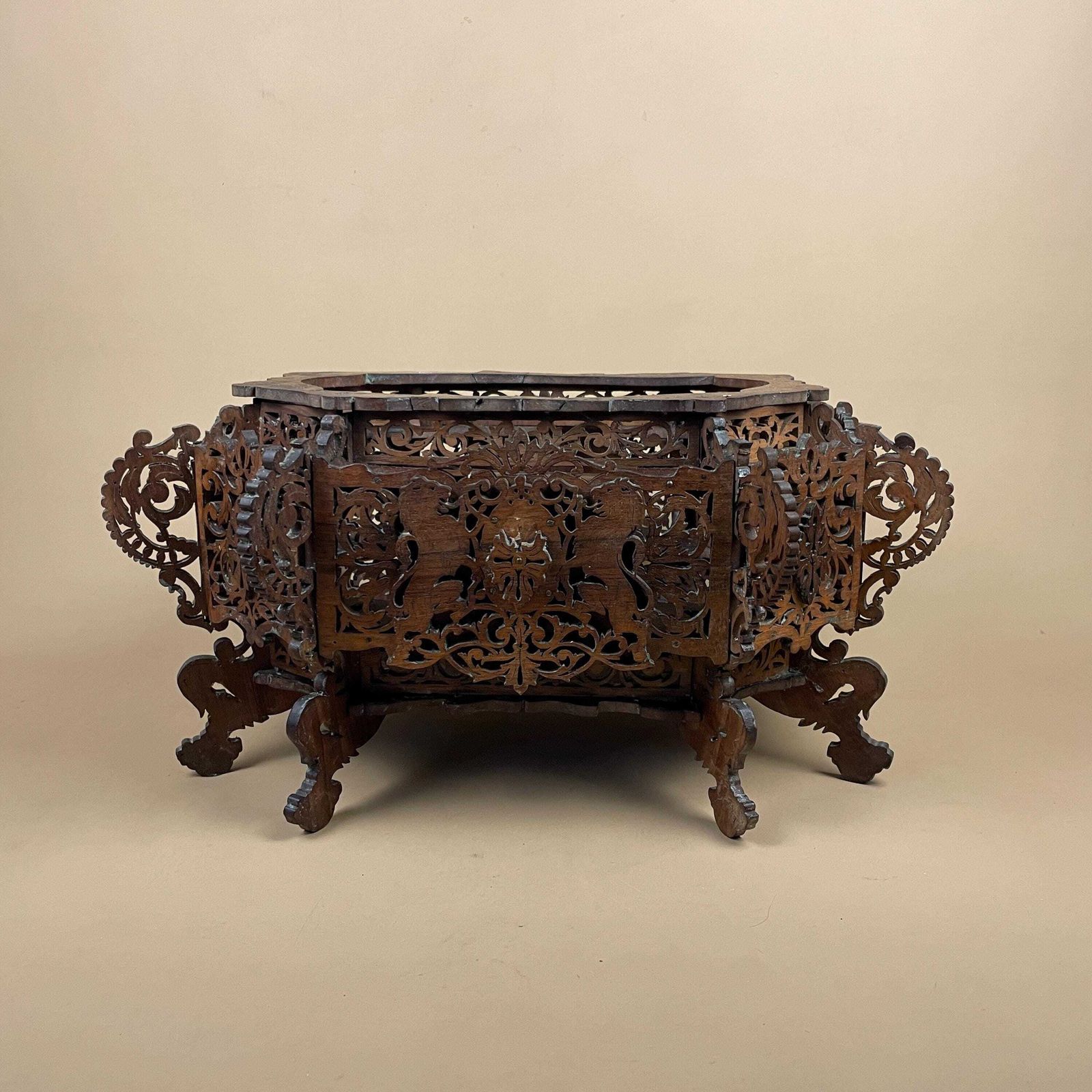 Antique Style Carved Wood Planter Jardiniere Stand Handmade Victorian Anglo Indian Style Hand Carved Wooden Planter Box Black Forest photo Home Decor