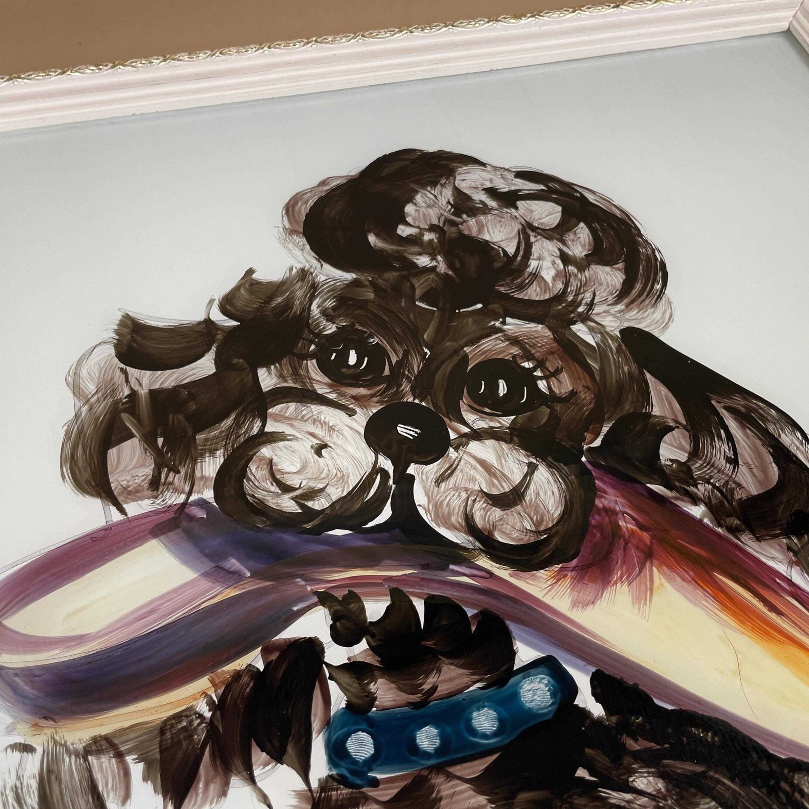Art Vintage Painted Glass Poodle Art Framed Wall Hanging Kitsch Large Mid Century Decor Vintage Poodle Painting On Glass Retro Dog Art photo
