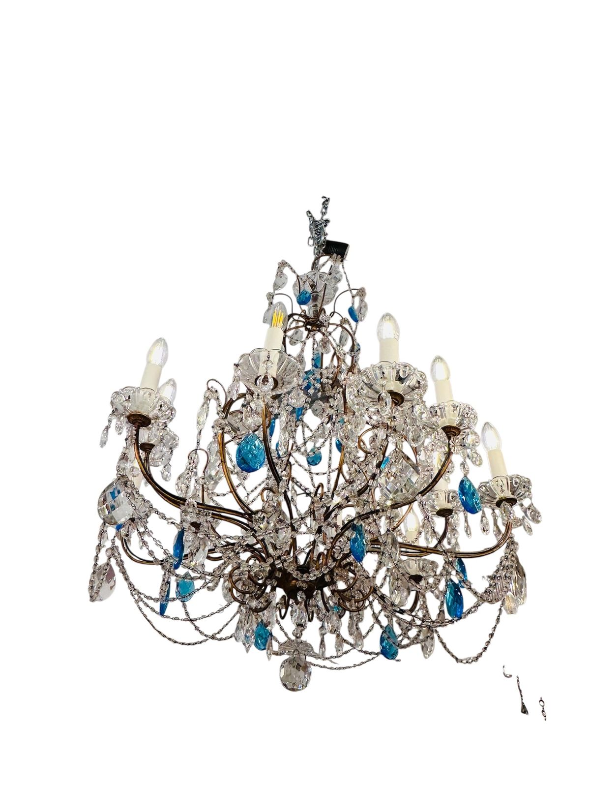 Italian 1920 30’s Crystal Blu And Clear Drops Chandelier Made In Torino photo for sale