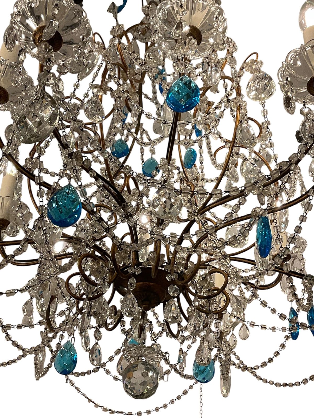Italian 1920 30’s Crystal Blu And Clear Drops Chandelier Made In Torino photo vinterior