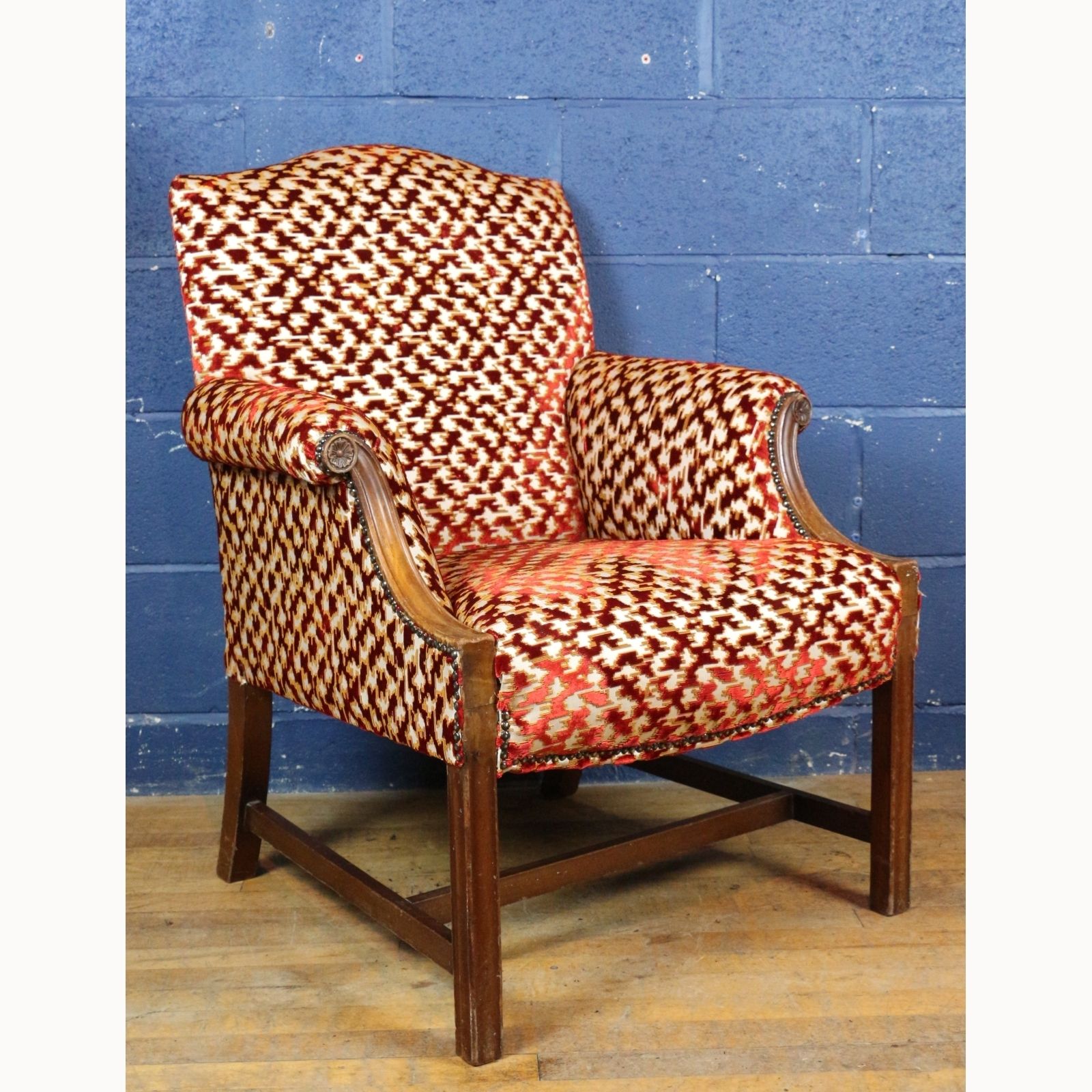 A Quality Antique Mahogany Framed Gainsborough Open Armchair Freshly Reupholstered In Stylised Velvet