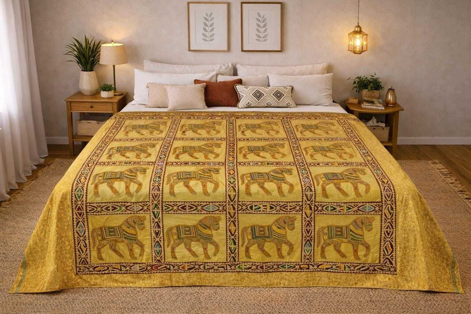 Handmade Horse Embroidery Bed Cover – Vintage Indian Cotton Quilt, Boho Décor photo furniture
