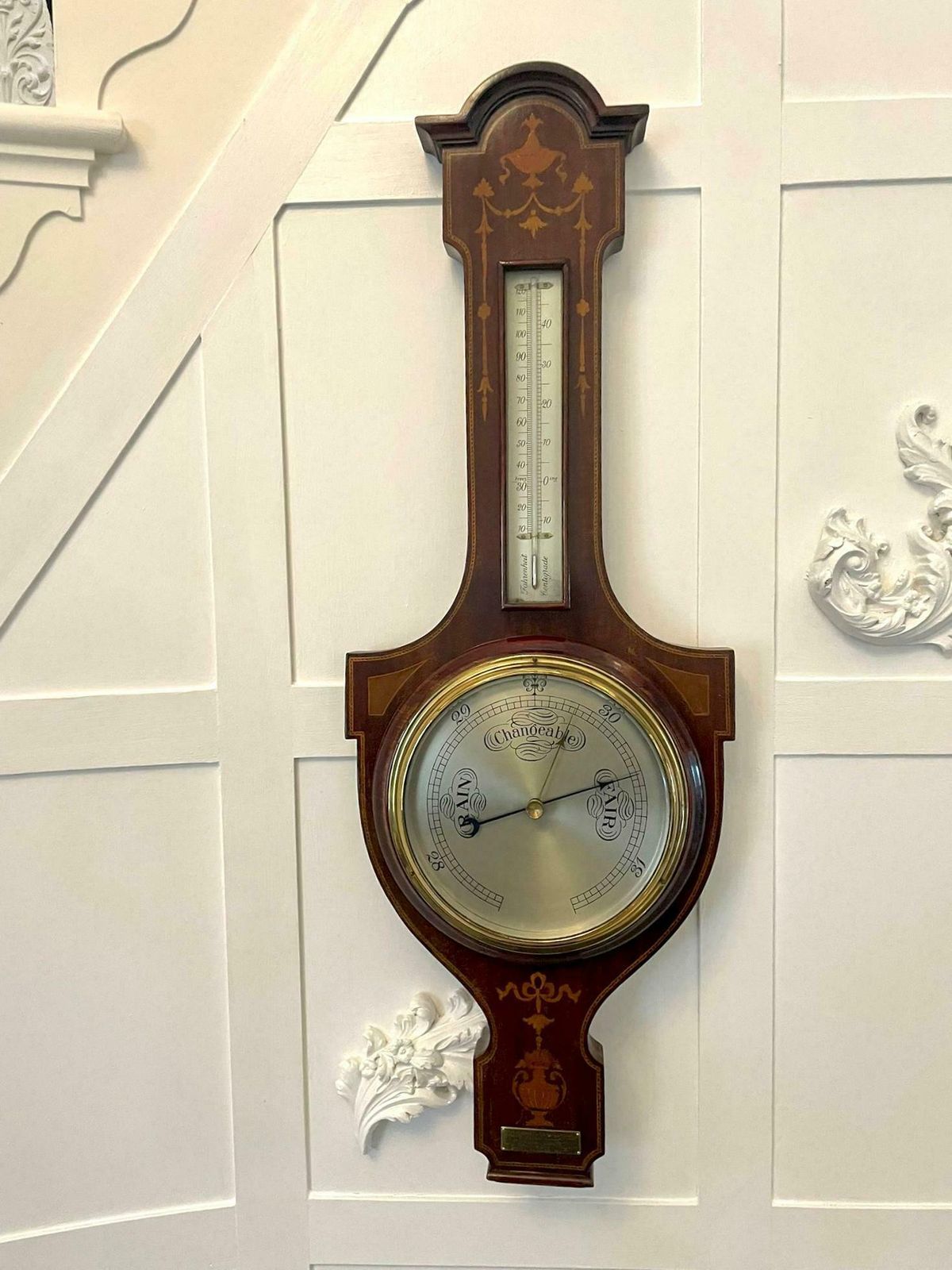 Antique Edwardian Quality Mahogany Inlaid Banjo Barometer photo for sale