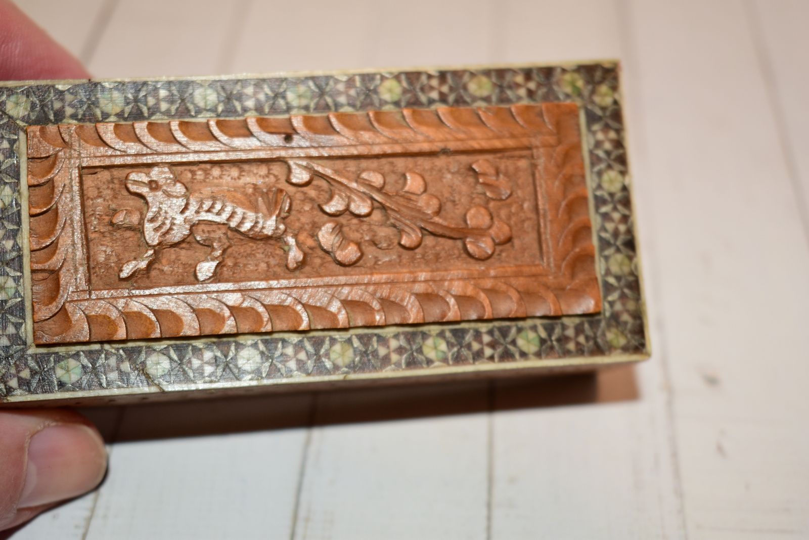photo vintage Victorian Jewellery Box   Beautiful Sadeli Inlaid Micro Mosaic Casket With Dried Seahorse!