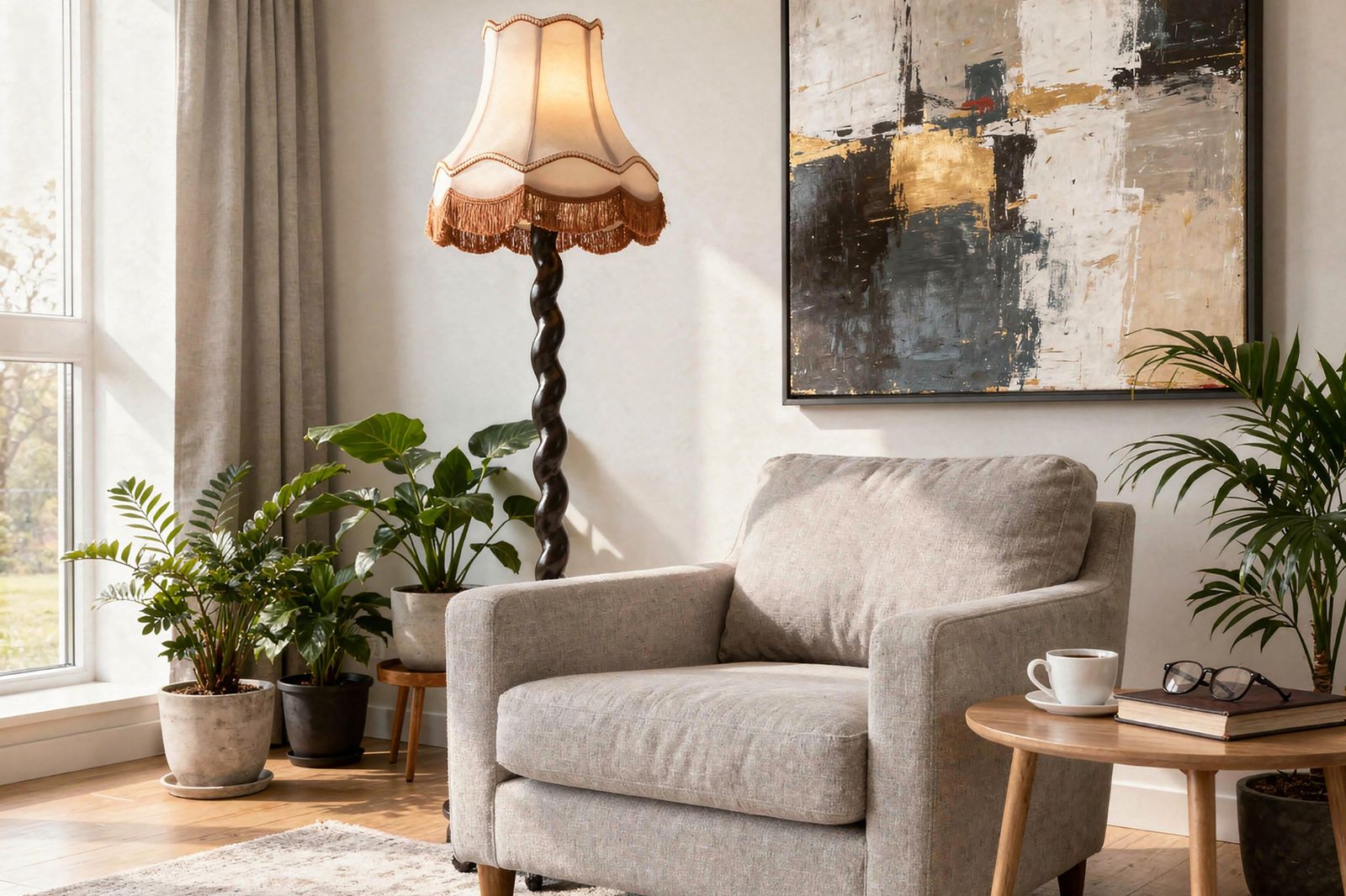 Lighting Restored Art Deco Floor Lamp, Oak, Polish, New Electrification, Czech, 1920s photo