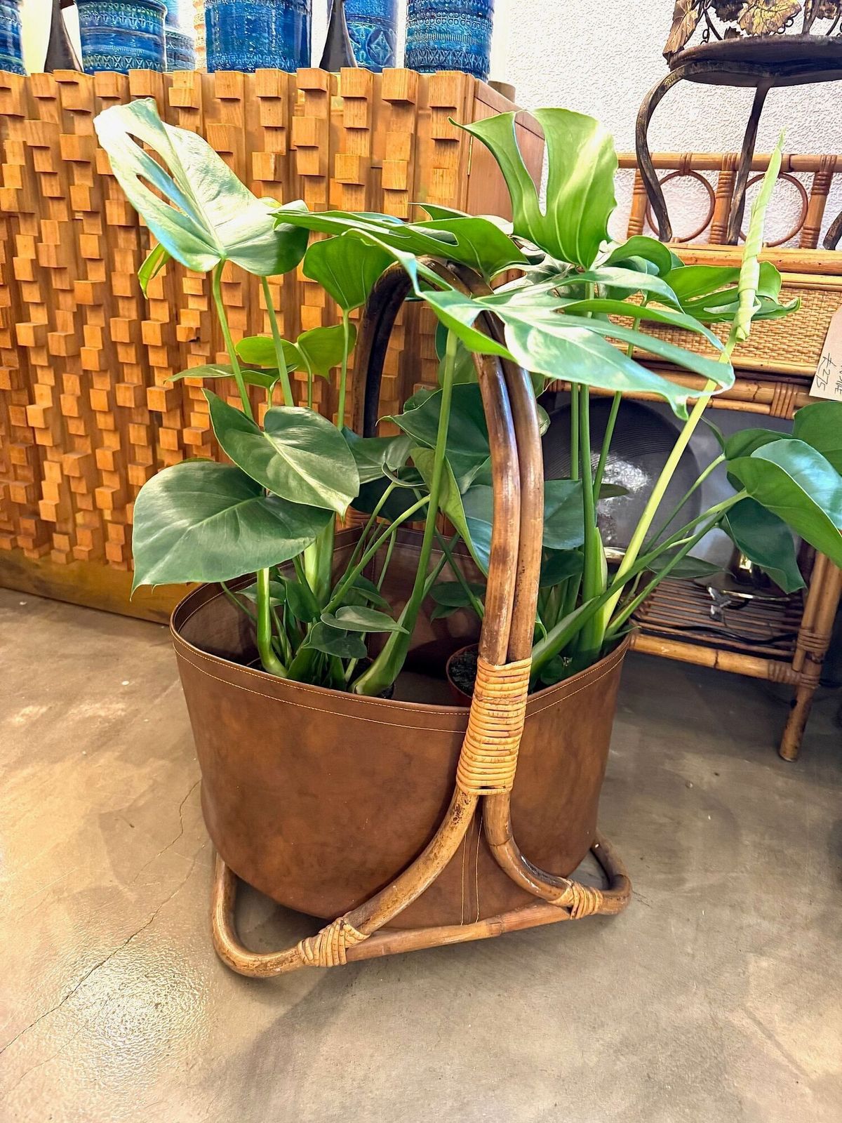925.0 Large Italian 1960s Bamboo And Rattan Basket With Faux Leather photo