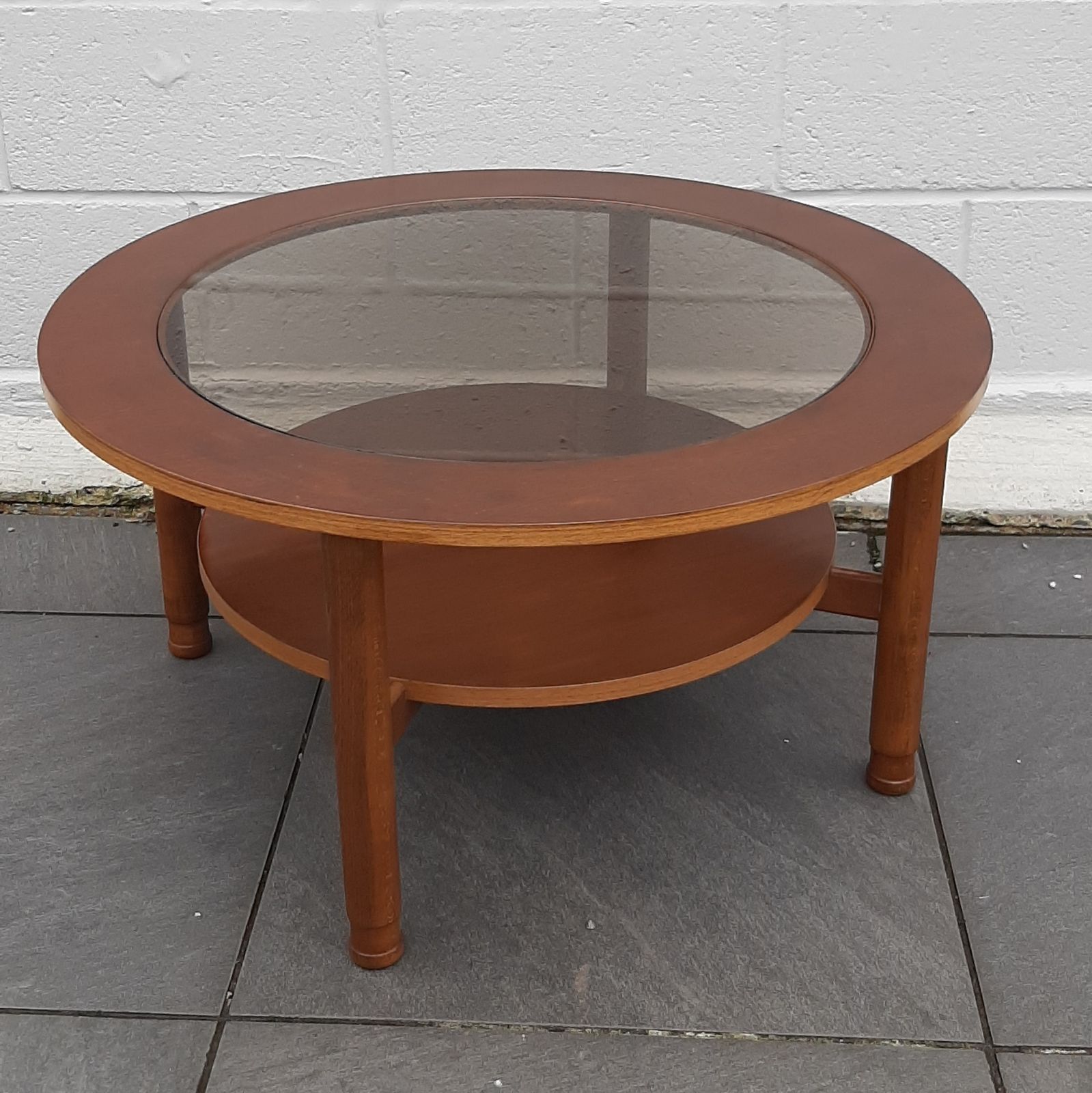 Schreiber Mid Century Modern Round Circular Coffee Table Glass Topped Solid Teak Legs