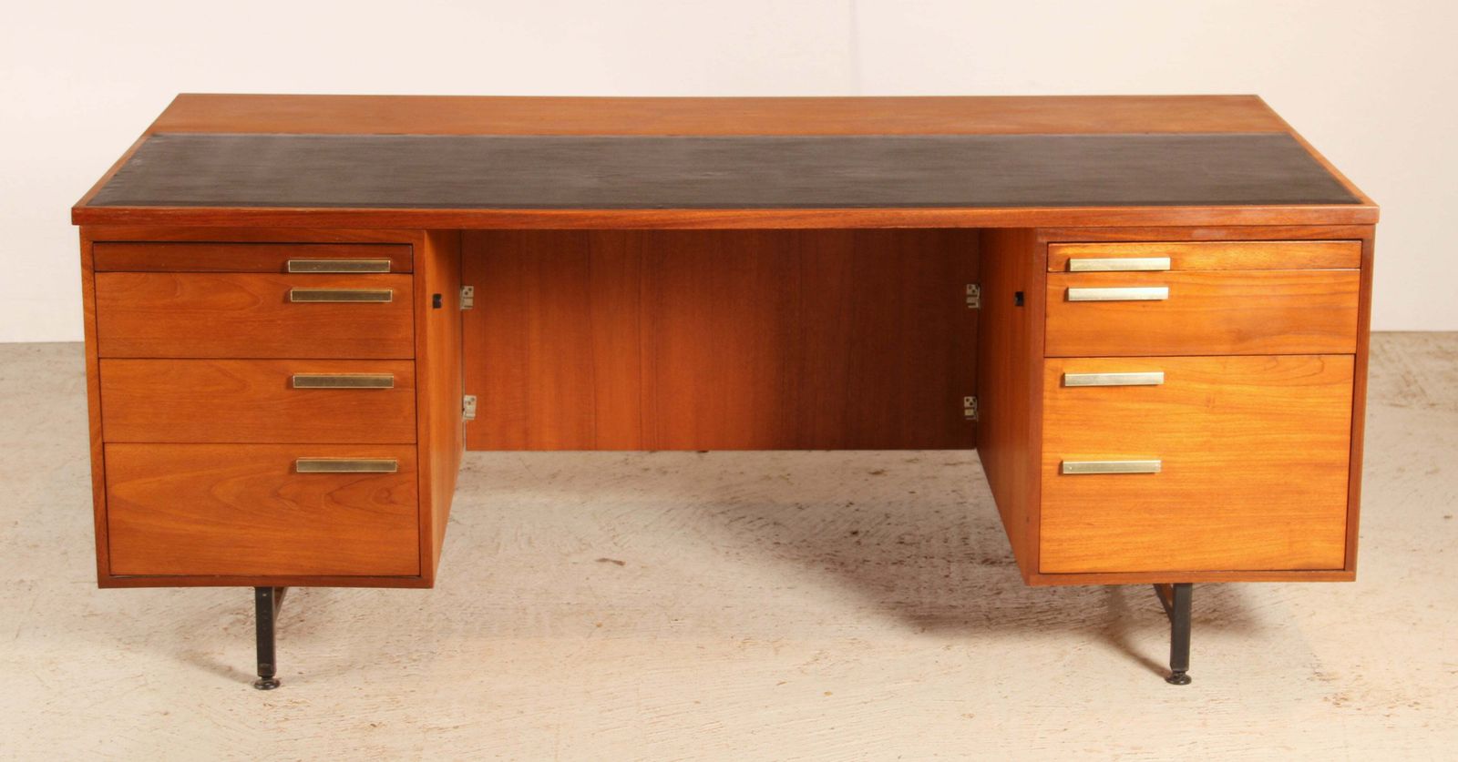British Mid Century Executive Teak Desk With Brass Handles, Circa 1970s