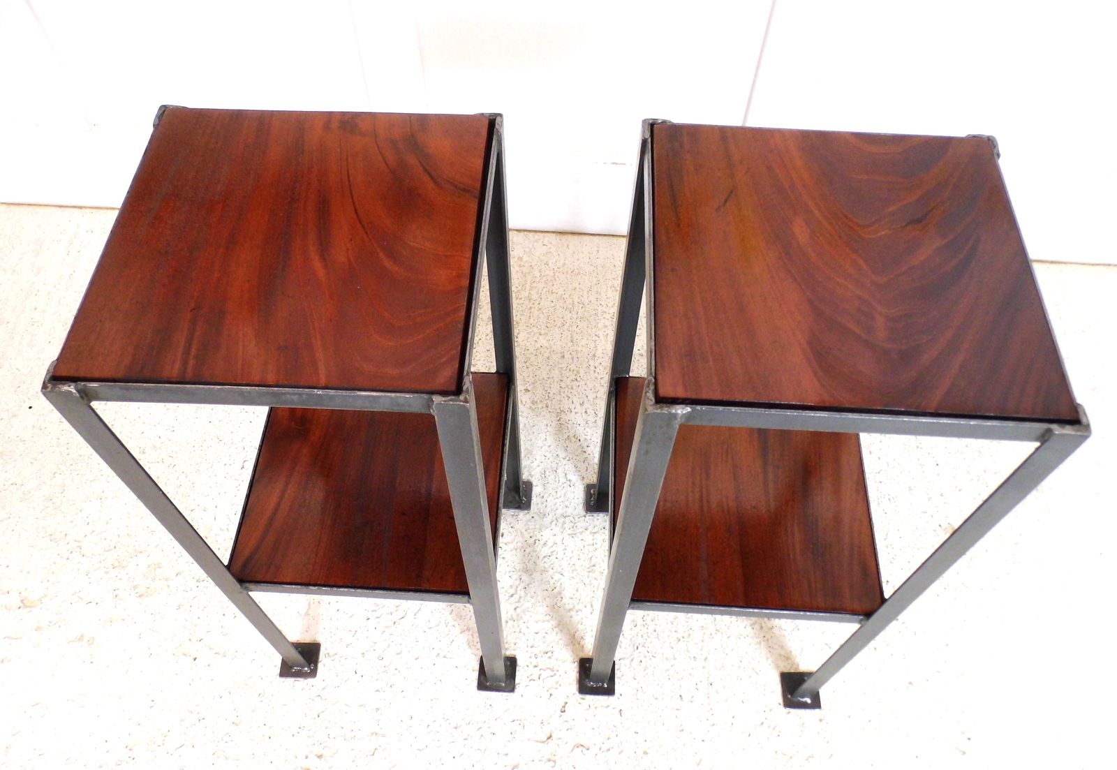Pair Of Vintage Industrial Chic Ex Engineering Works Stands With Flamed Mahogany photo for sale