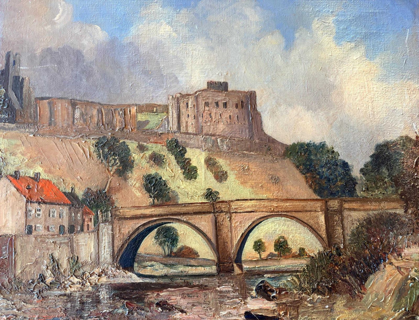 Vintage Oil Painting Richmond Castle Yorkshire – Malcolm Wombwell Landscape, Signed Textured Oil On Canvas, 1972 Inscribed Artwork photo Art