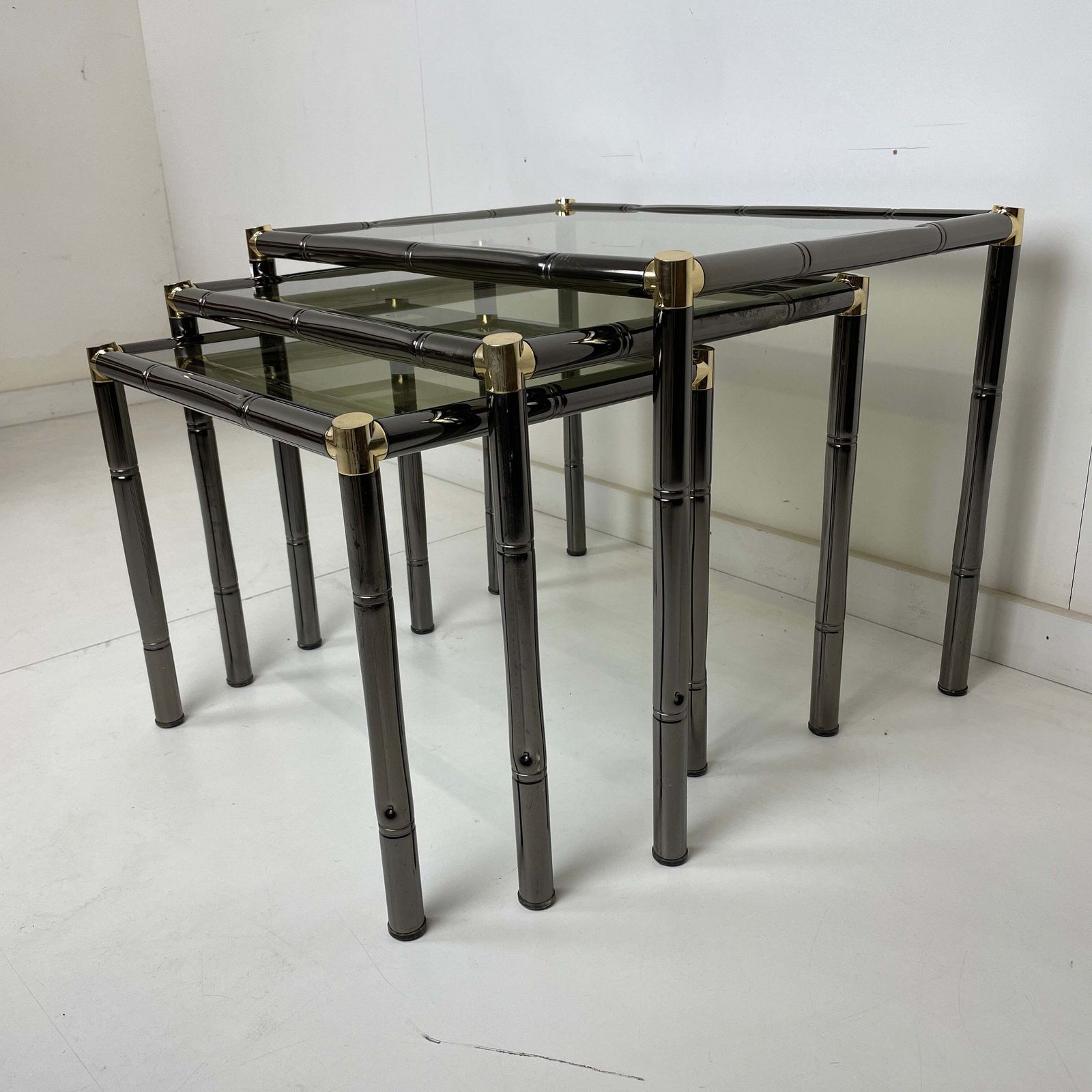 Boulanger French Metal Faux Bamboo Black Nesting Tables photo vintage