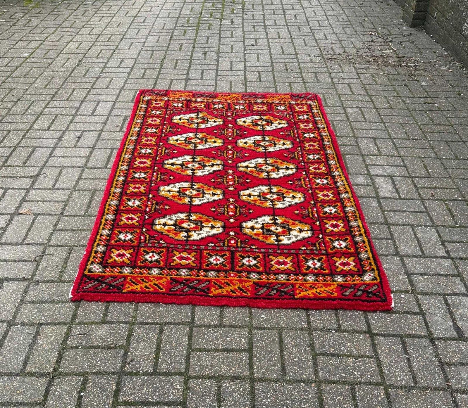 Vintage Red Geometric Tribal Rug Mid Century Wool Carpet Bohemian Accent Floor Rug