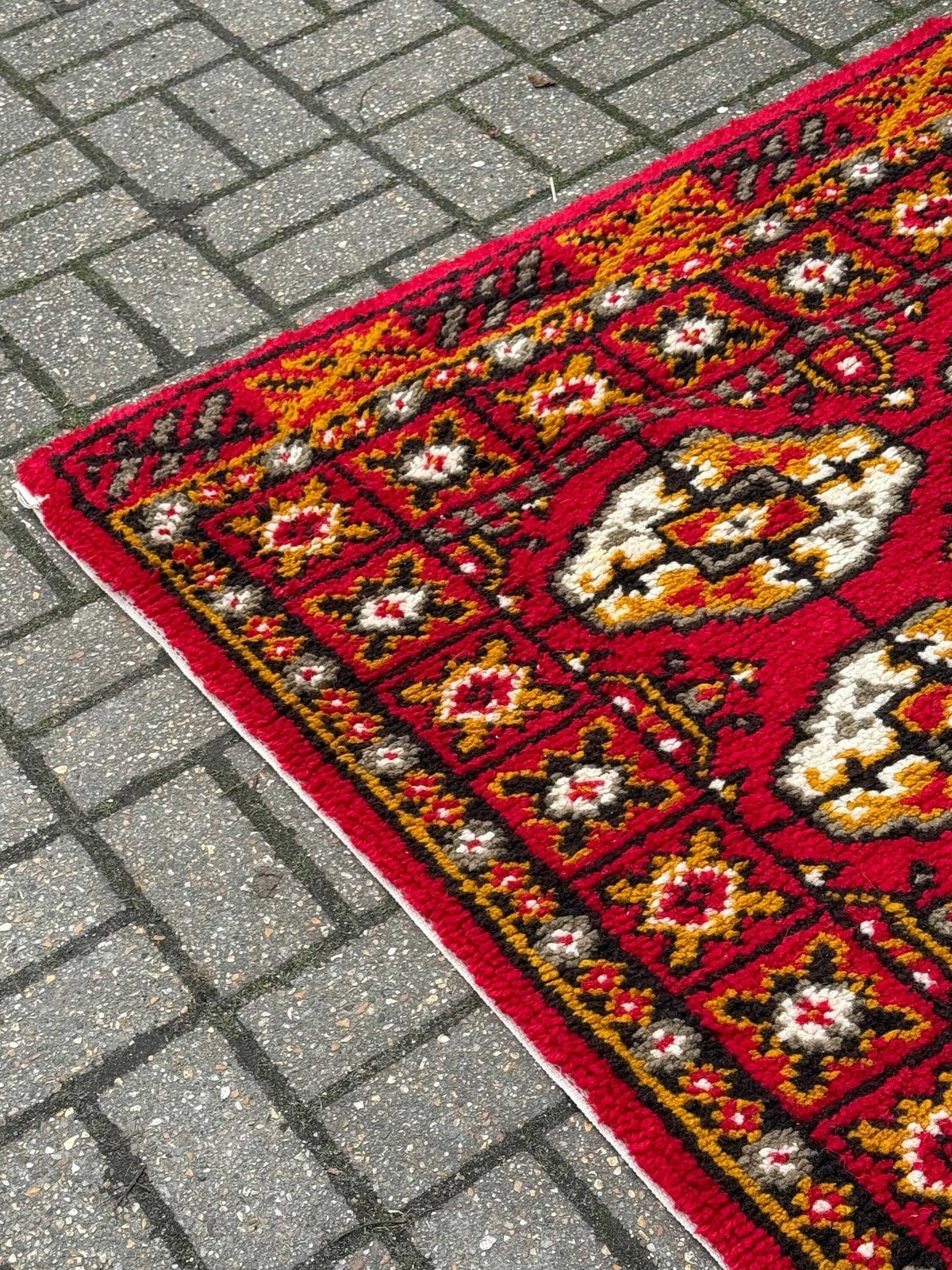 photo buy Vintage Red Geometric Tribal Rug Mid Century Wool Carpet Bohemian Accent Floor Rug