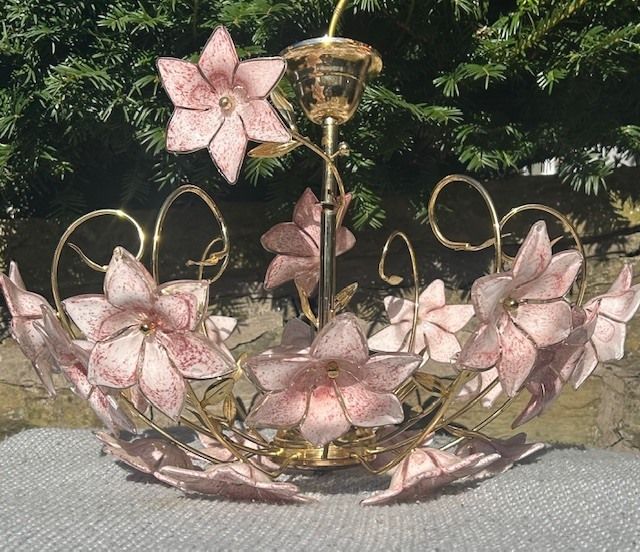 Vintage Italian Pink Glass Flower Chandelier – Murano Style – Gilt Metal