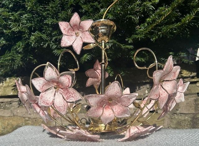 Vintage Italian Pink Glass Flower Chandelier – Murano Style – Gilt Metal photo Lighting
