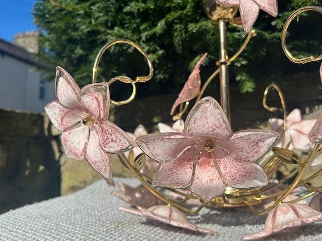 Vintage Italian Pink Glass Flower Chandelier – Murano Style – Gilt Metal photo vintage