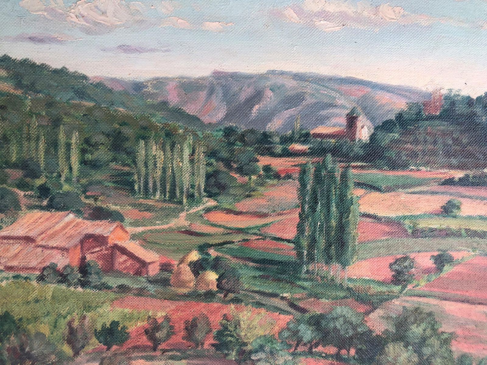 Landscape Painted In Oil On Burlap From The Spanish School Of The 20th Century C.1940. photo vintage