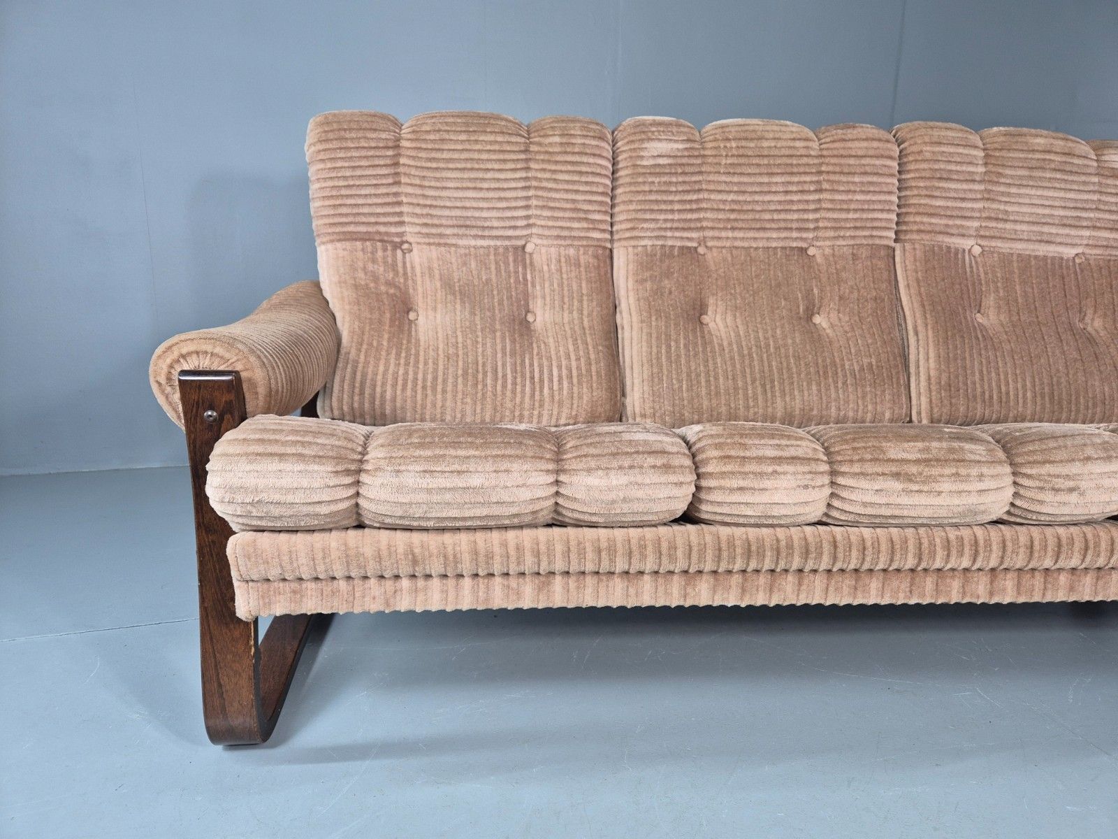 Vintage 3 Seat Sofa Beige Corduroy On Bentwood Base 1970s Retro Mcm Eb11646 M3ss photo for sale