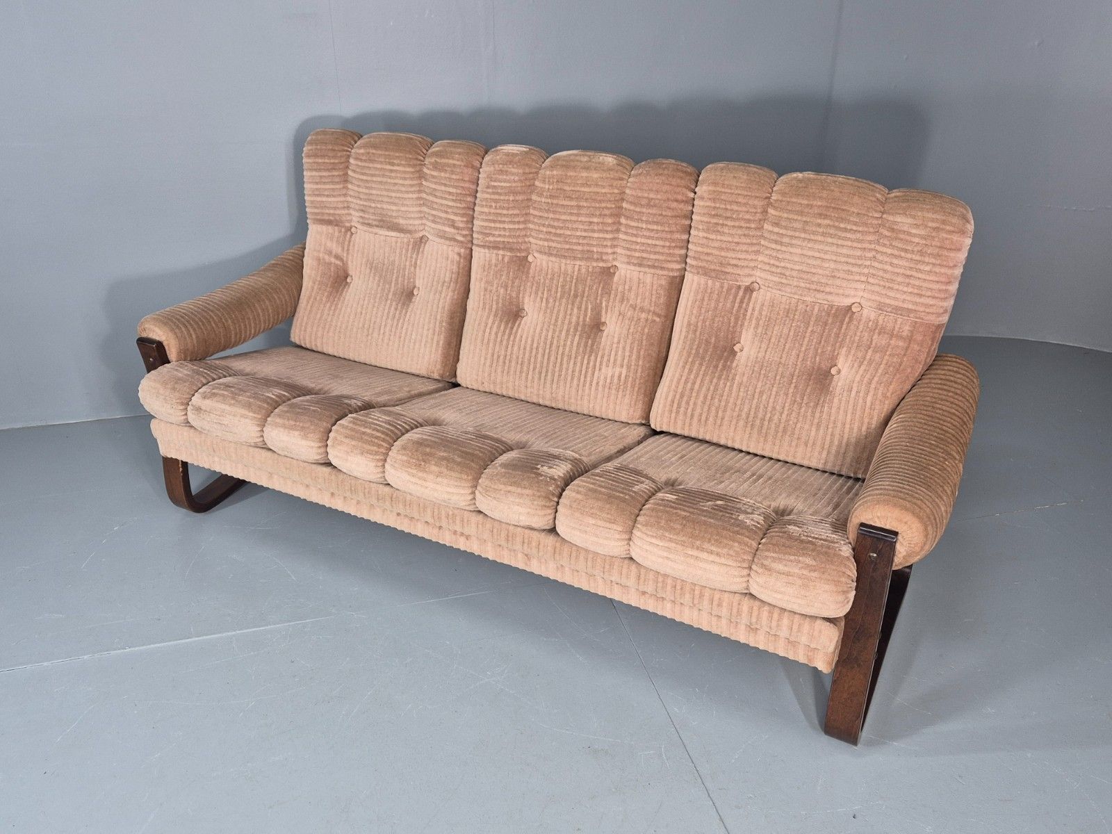 Vintage 3 Seat Sofa Beige Corduroy On Bentwood Base 1970s Retro Mcm Eb11646 M3ss photo buy