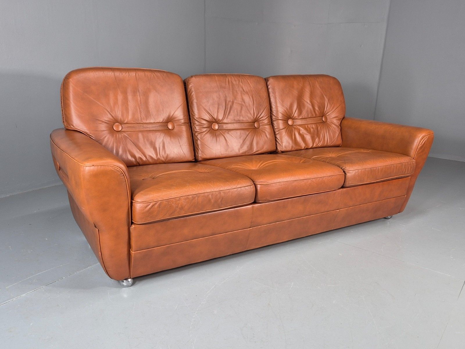 Vintage Danish 3 Seater Settee 1970s Danish Tan Leather Retro Mcm Eb11638 M3ss