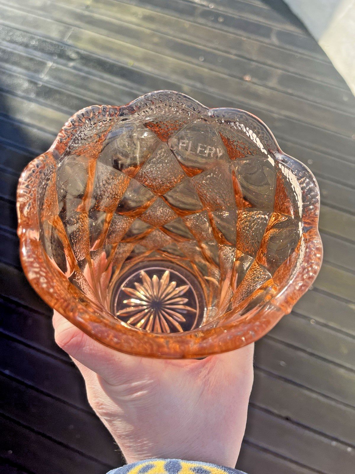 Home Decor Antique Art Deco Salmon Pink Acid Etched Celery Vase Geometric Diamond Quilt photo