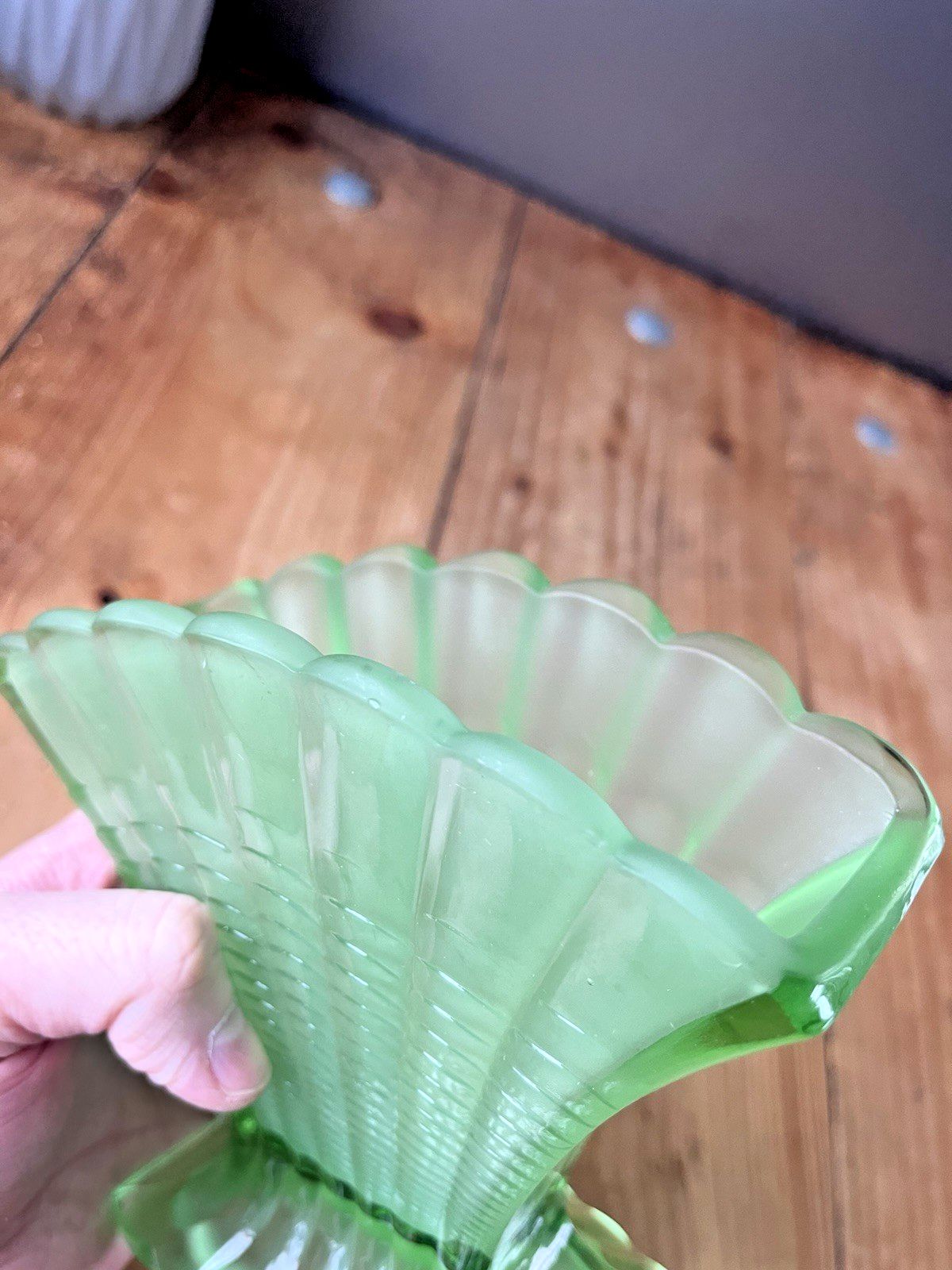 photo for sale English Art Deco George Davidson Green Frosted Fanned Fan Glass Flower Vase #296